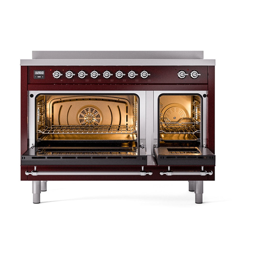 Burgundy induction range with open oven doors showing racks and interior light