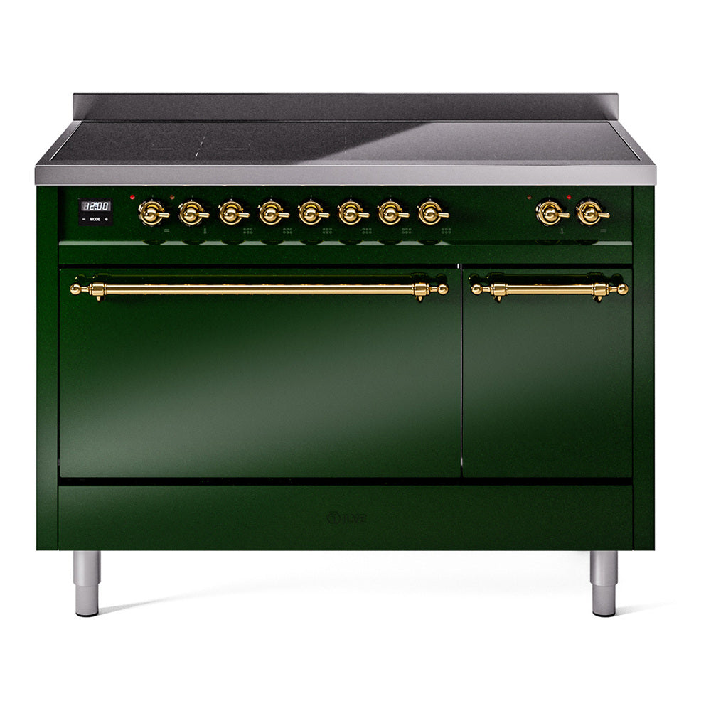 Emerald green induction range front view with brass knobs and closed oven doors