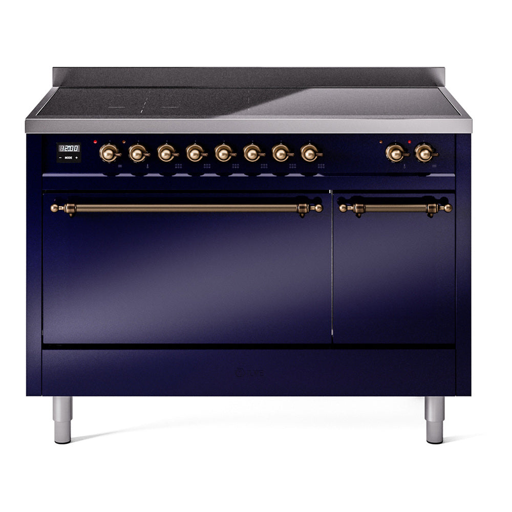Midnight blue induction range with bronze control knobs and two oven doors