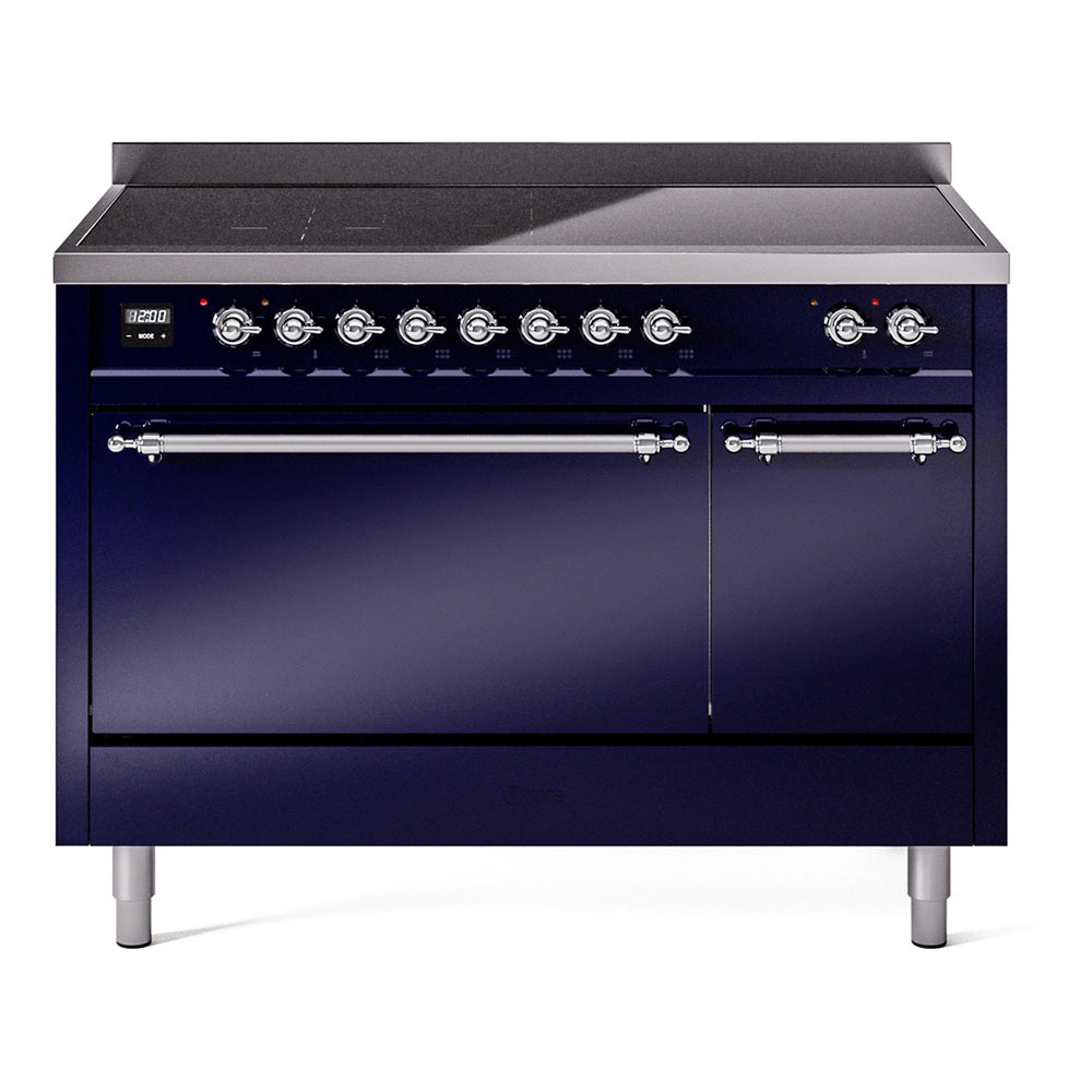 Midnight blue range with chrome knobs, dual oven doors, and black cooktop