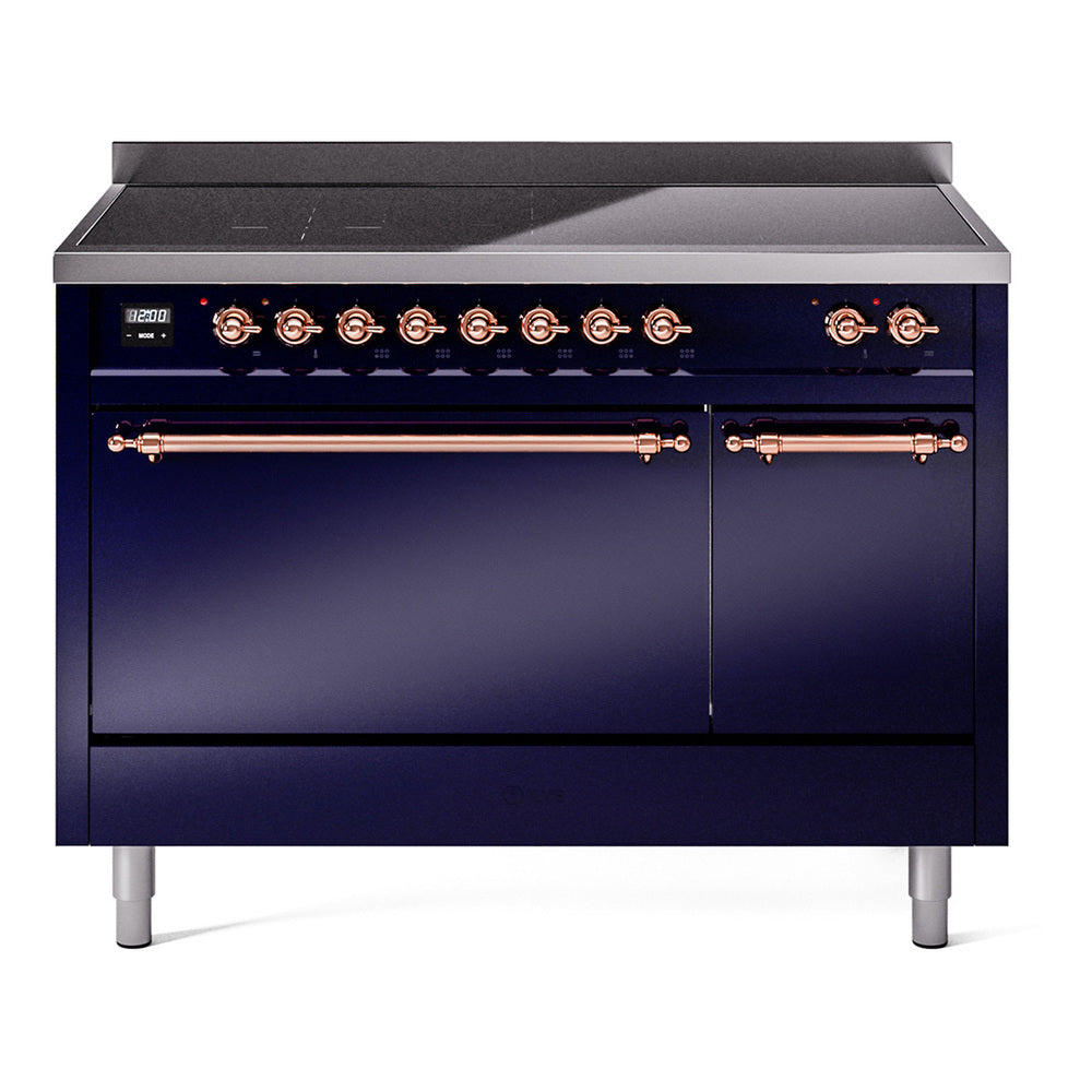 Midnight blue induction range with brass-trim controls and two oven doors