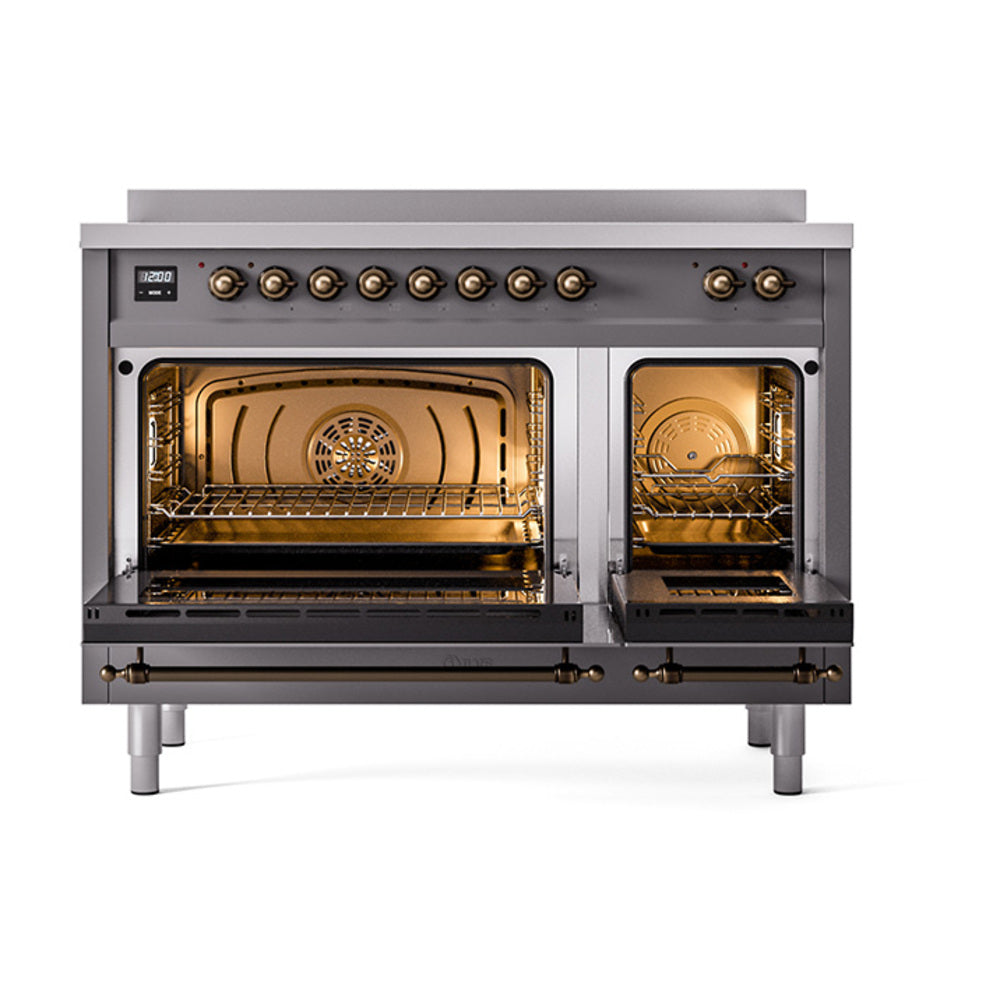 Open double oven doors with warm interiors and chrome oven racks