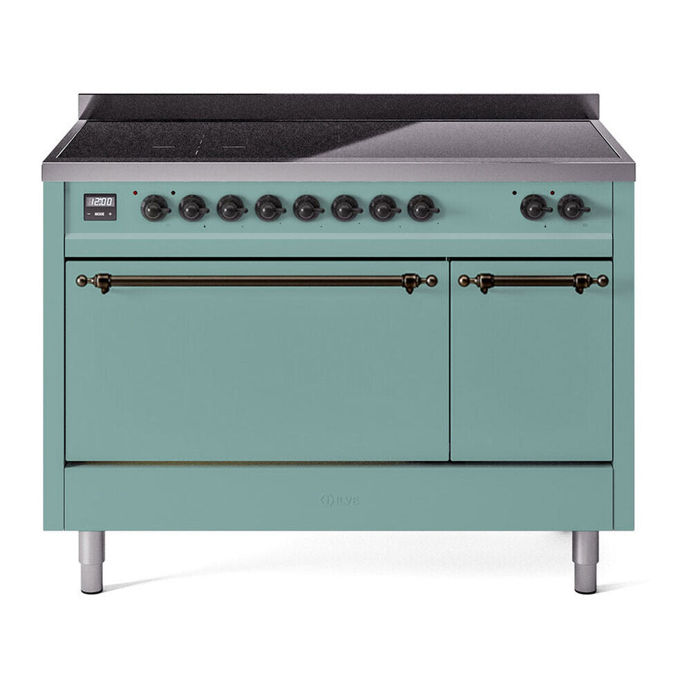 ILVE 48-Inch Nostalgie II Induction Range with Solid Door Oven in Mediterranean Mint with Burnished Bronze Trim (UPI486QNMPMMB)