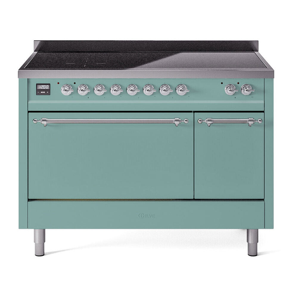 ILVE 48-Inch Nostalgie II Induction Range with Solid Door Oven in Mediterranean Mint with Chrome Trim (UPI486QNMPMMC)