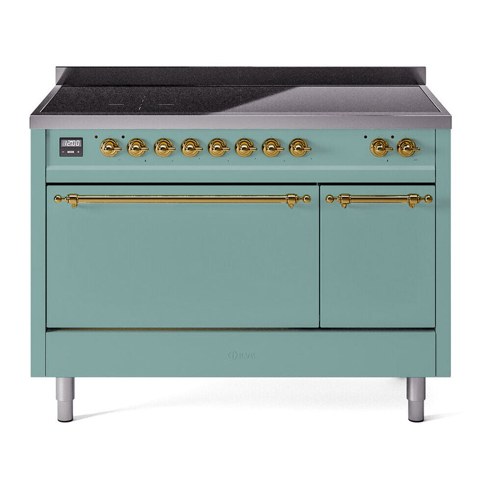 ILVE 48-Inch Nostalgie II Induction Range with Solid Door Oven in Mediterranean Mint with Brass Trim (UPI486QNMPMMG)