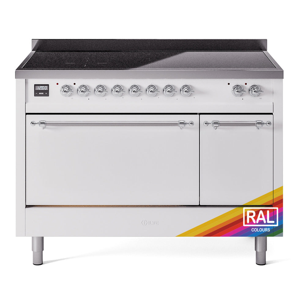 ILVE induction range with two oven doors, chrome knobs, and black cooktop hood