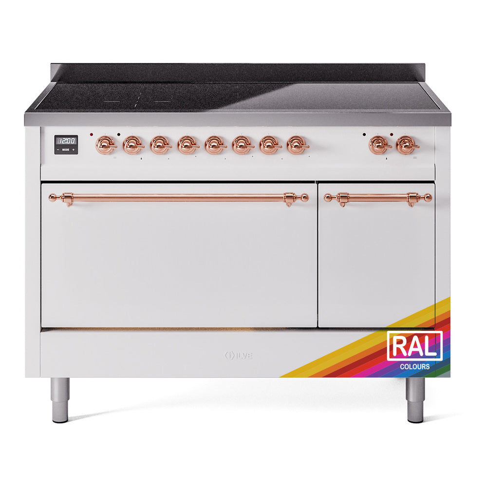 Induction range with two solid doors, copper control knobs and trim; RAL custom label