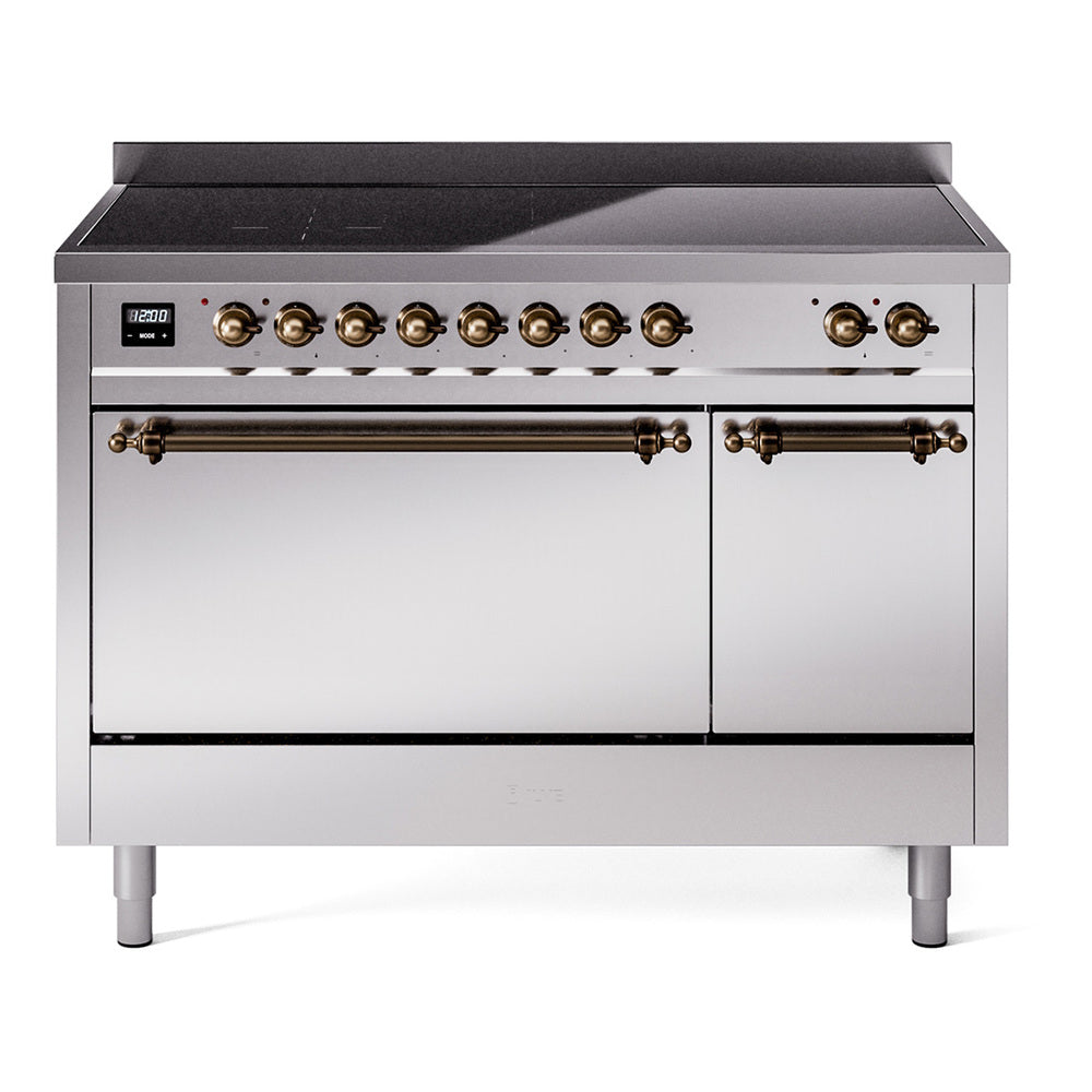 Stainless steel induction range with bronze control knobs, cooktop, and double oven doors