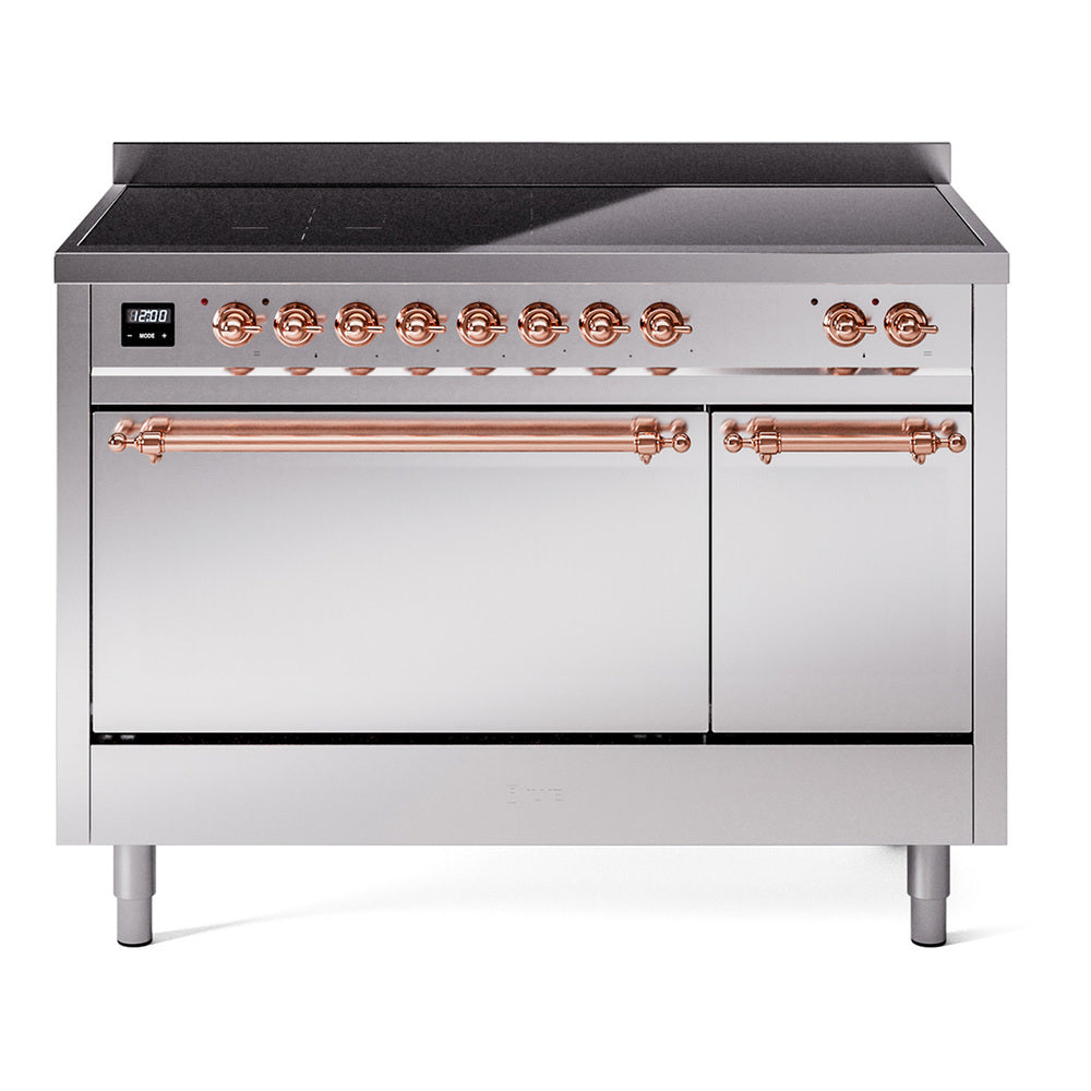 Induction range cooktop with round copper knobs and stainless control panel
