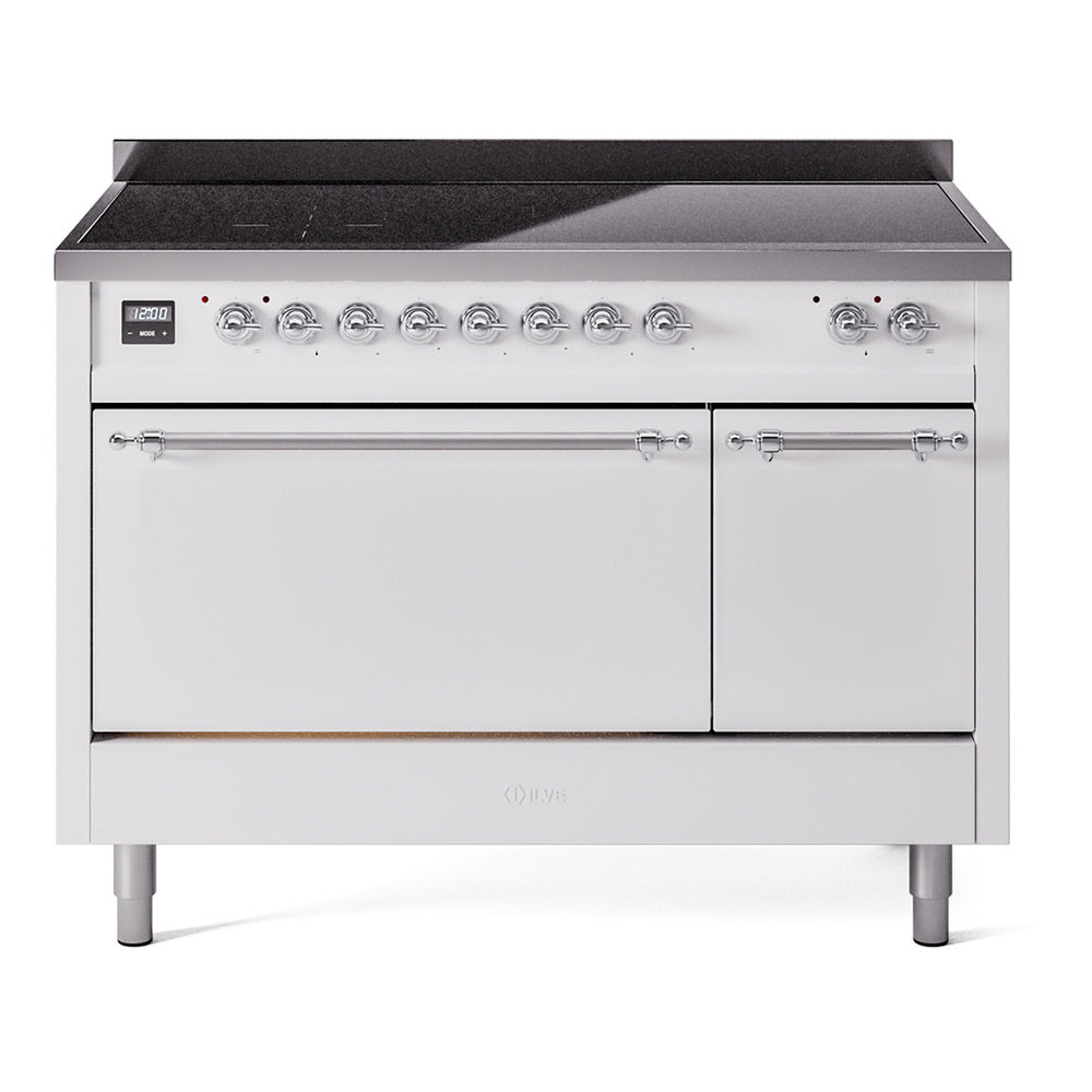 White induction range with stainless doors, chrome-trim knobs and control panel