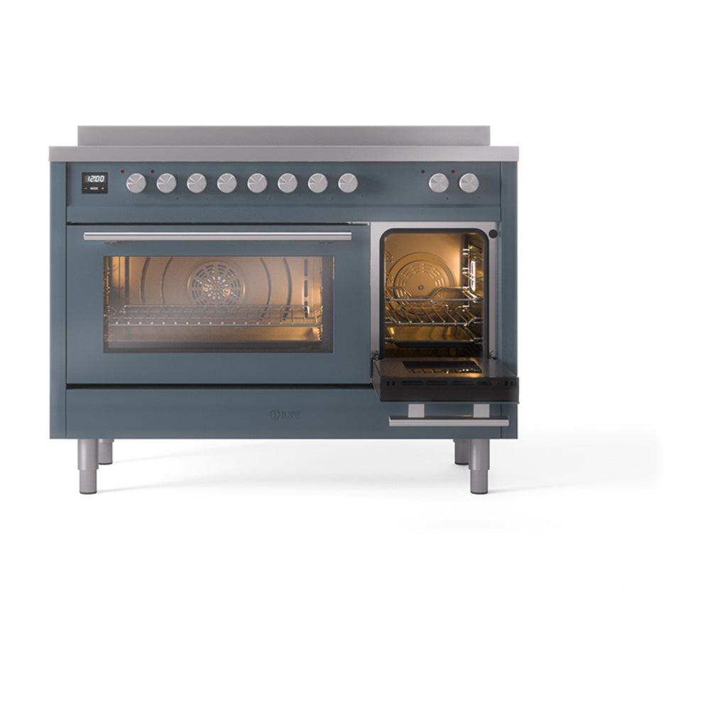 Blue-grey 48-inch induction range with one oven door open and lit interior, ILVE