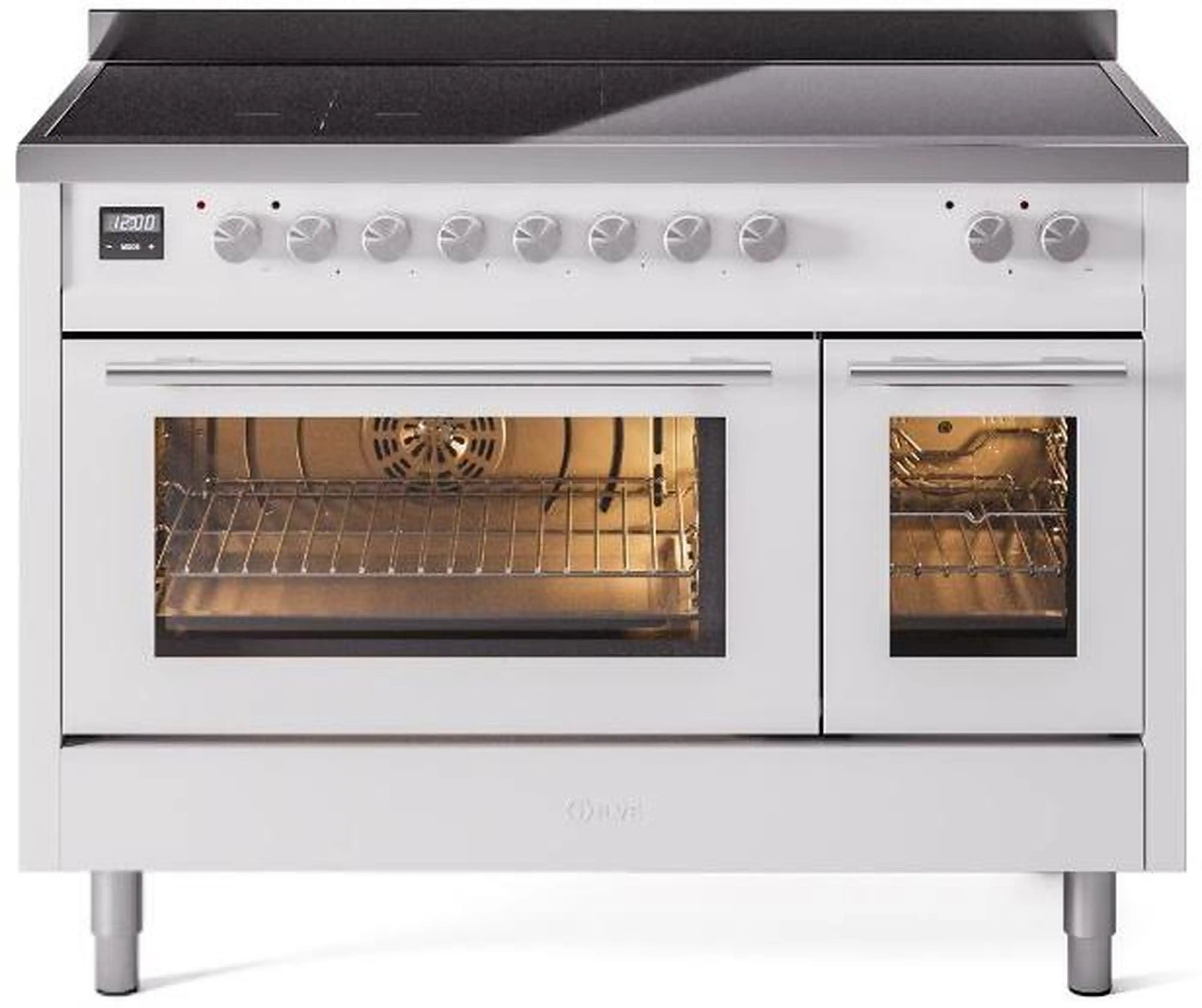 ILVE white induction range with two ovens and illuminated oven interiors