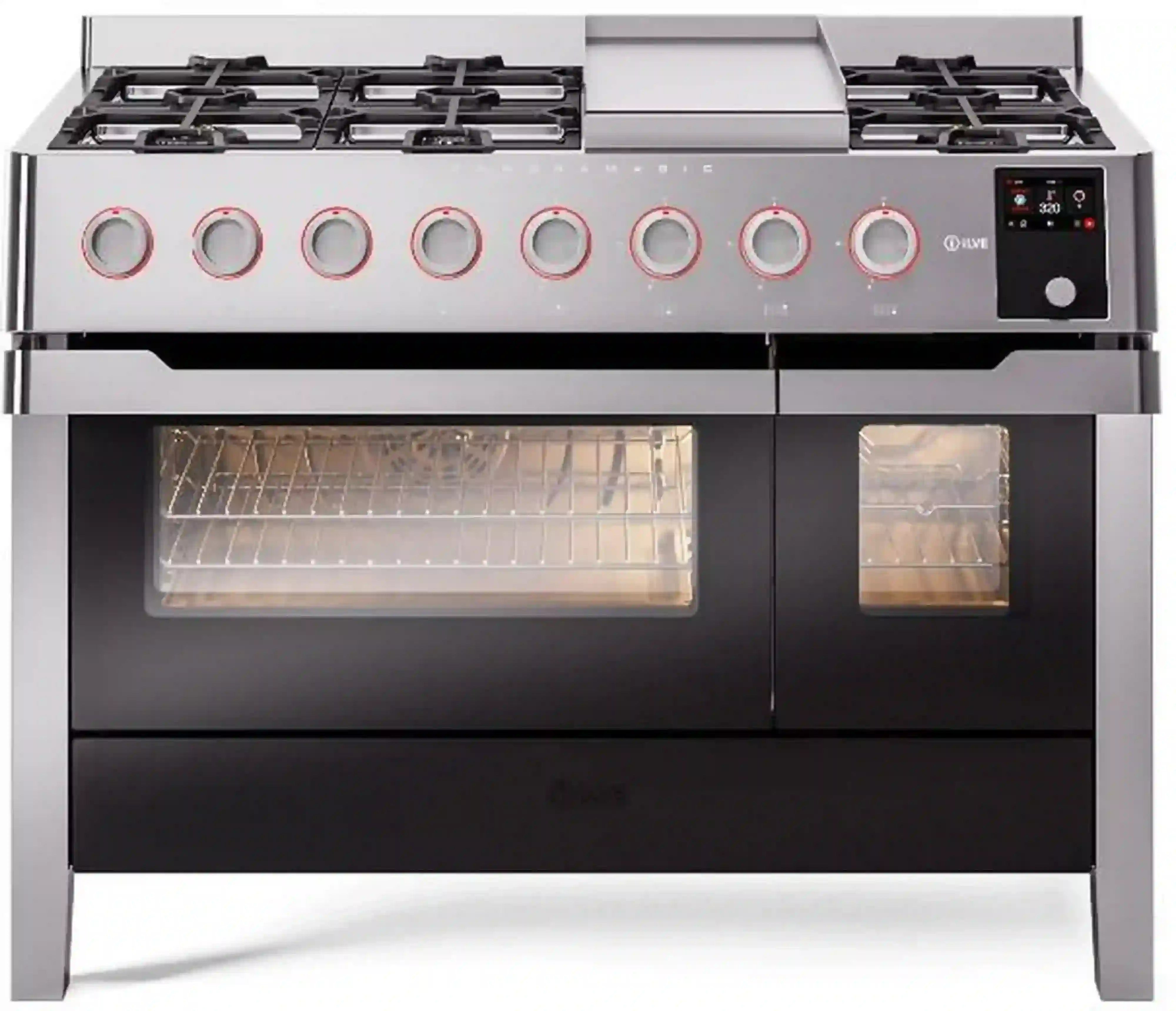 Stainless steel freestanding dual-fuel range front panel with eight knobs and oven windows
