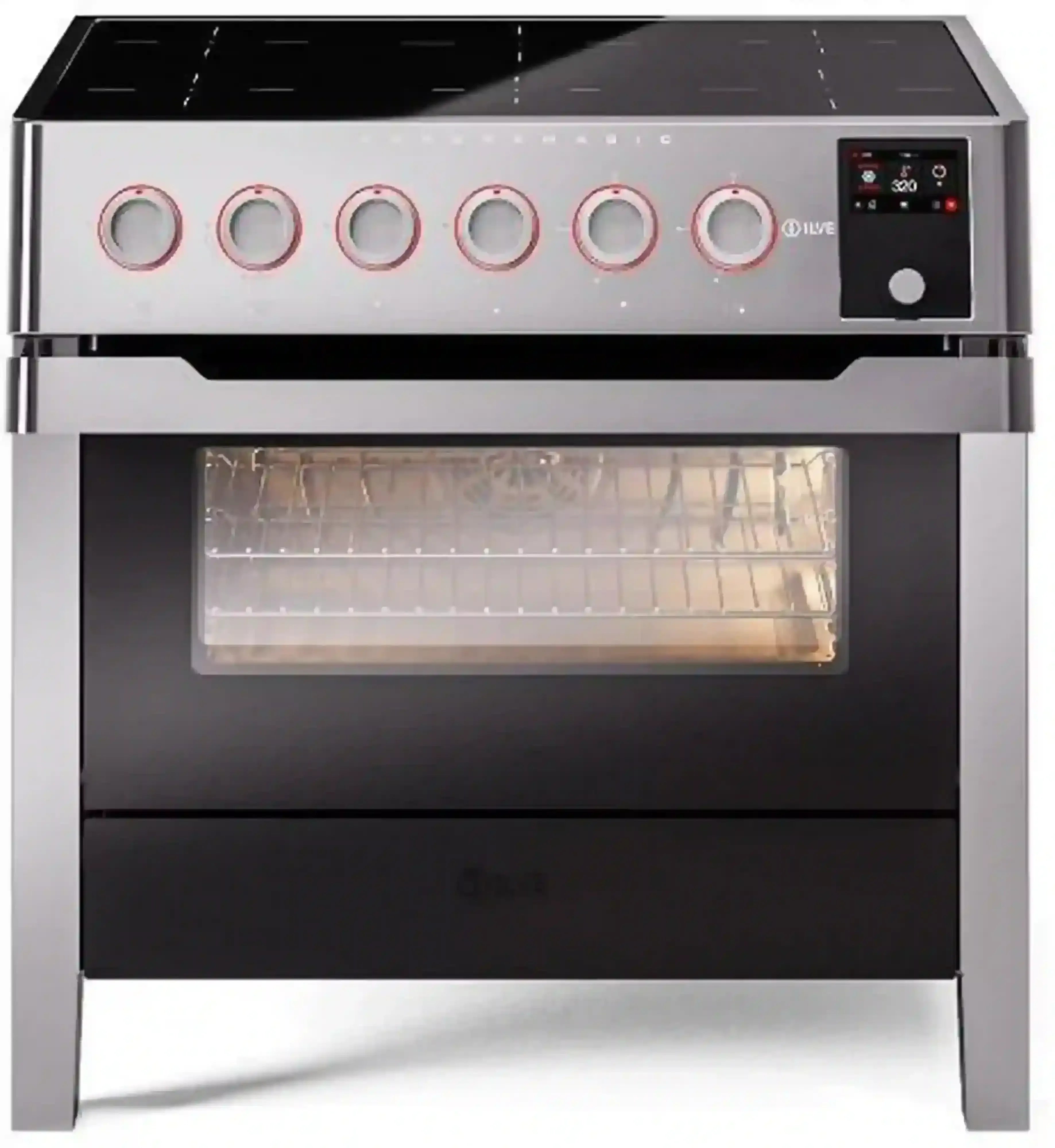 Stainless freestanding induction range with six red-ring knobs and illuminated oven window