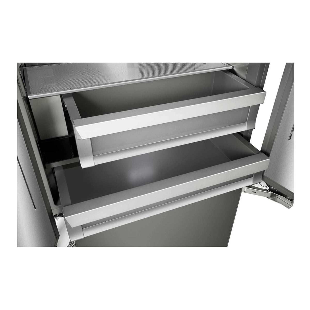 Pull-out refrigerator shelves and bins inside open door, stainless steel