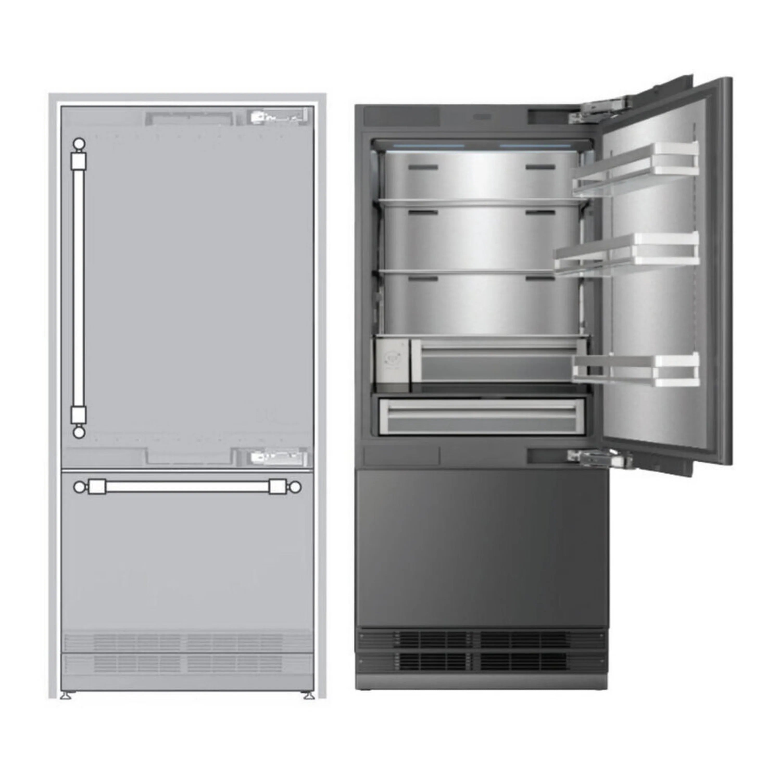 Built-in bottom freezer refrigerator with open door, stainless interior shelves and drawer