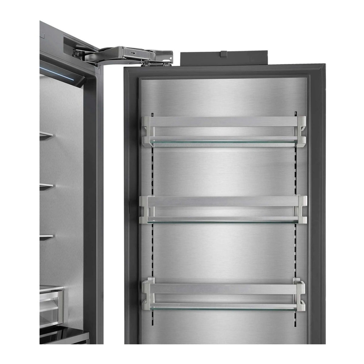 Built-in bottom freezer refrigerator door open with interior shelves and rails
