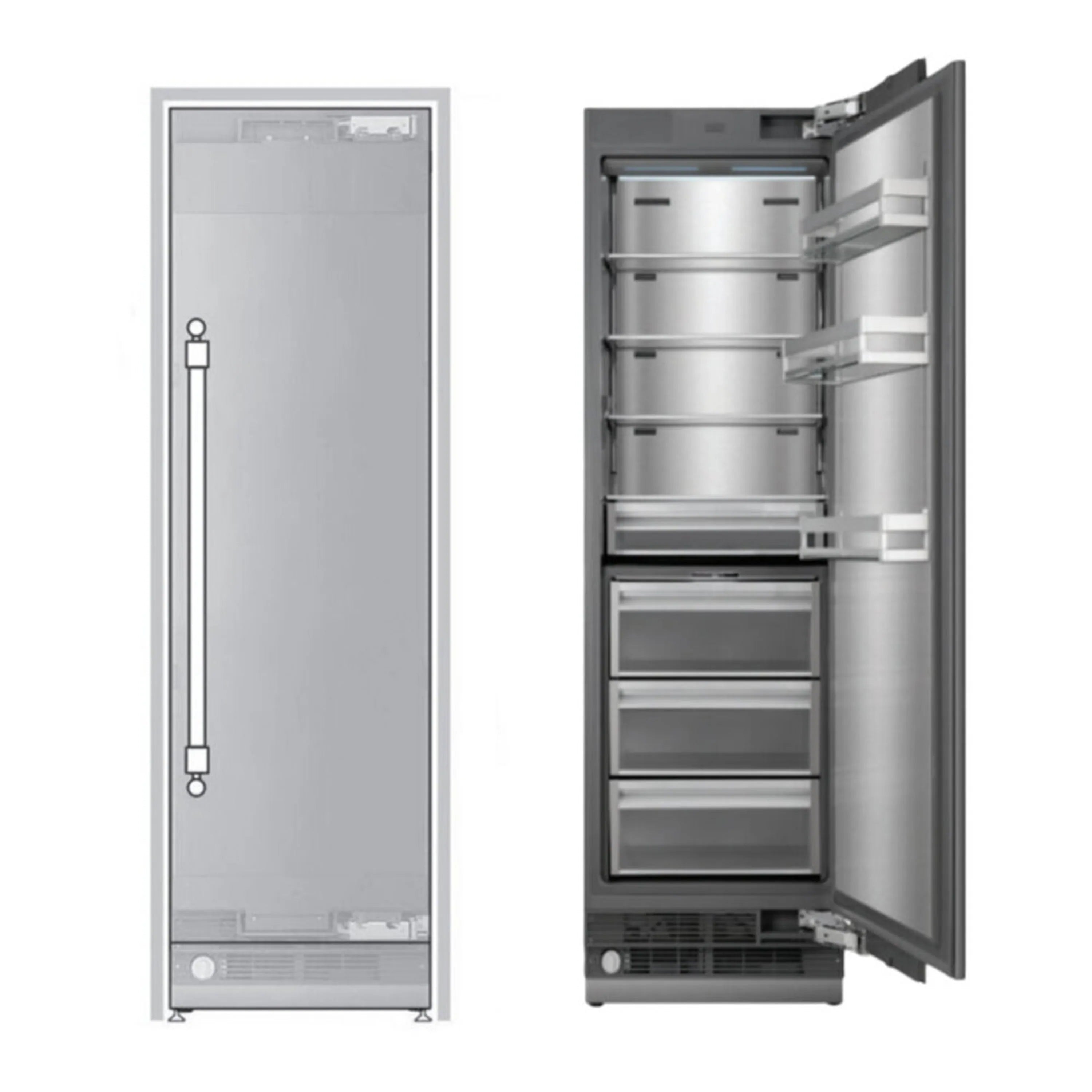 Panel-ready refrigerator column with door open, showing interior shelves and drawers
