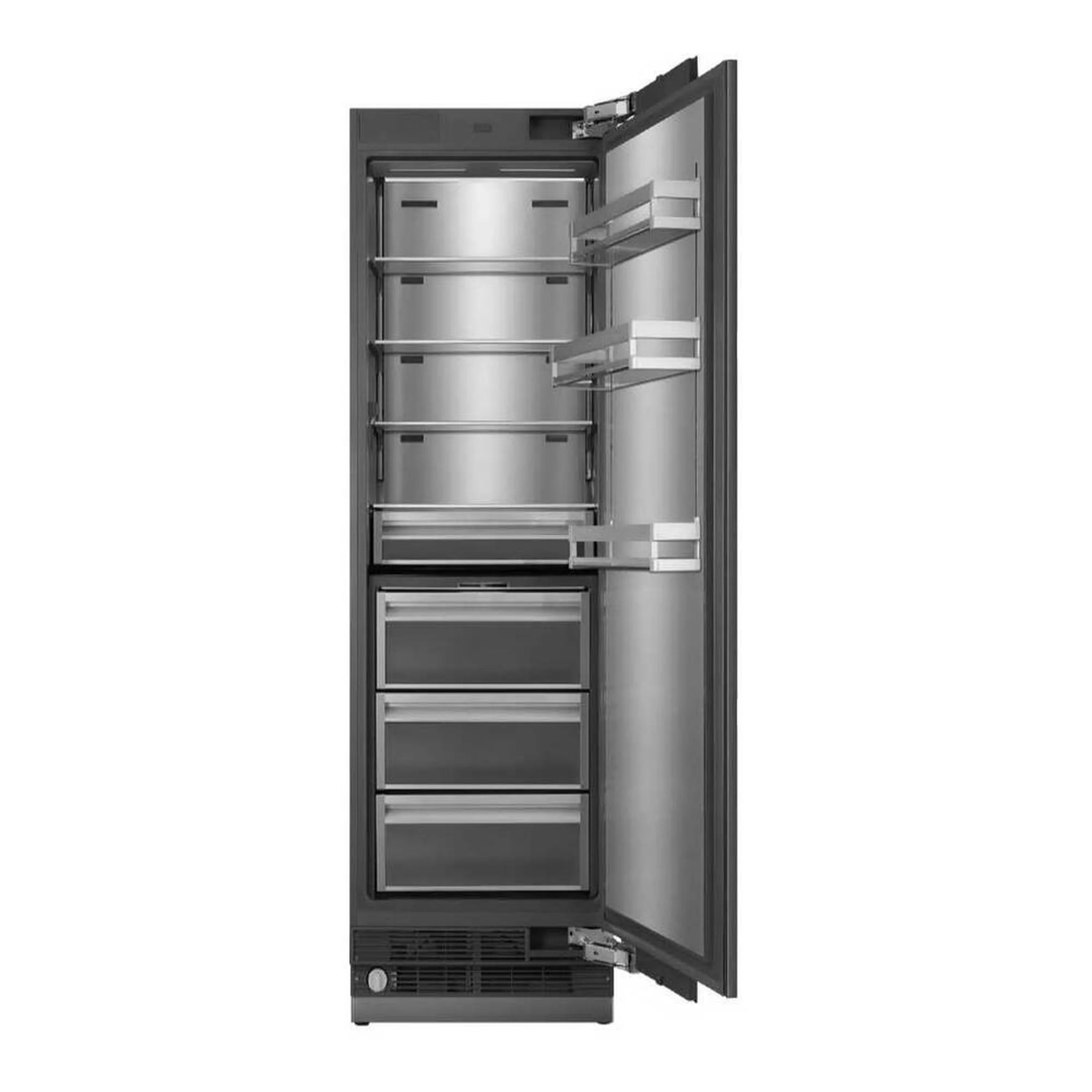 Stainless steel panel-ready refrigerator column with door open, shelves and drawers visible