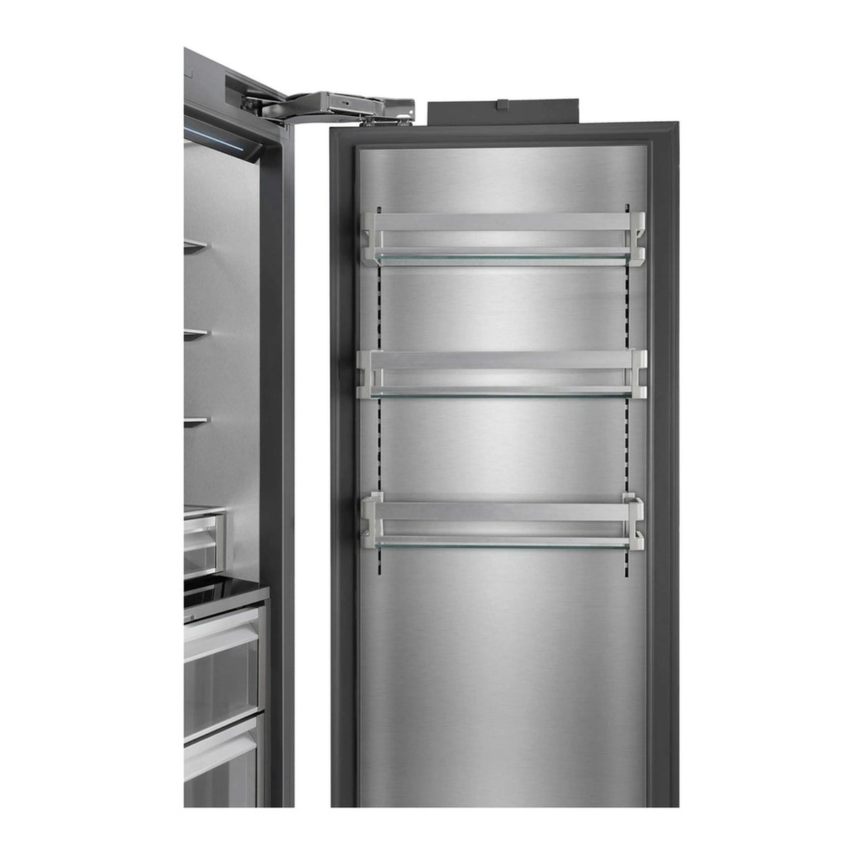 Stainless steel refrigerator fresh-food compartment with adjustable shelves and door bins