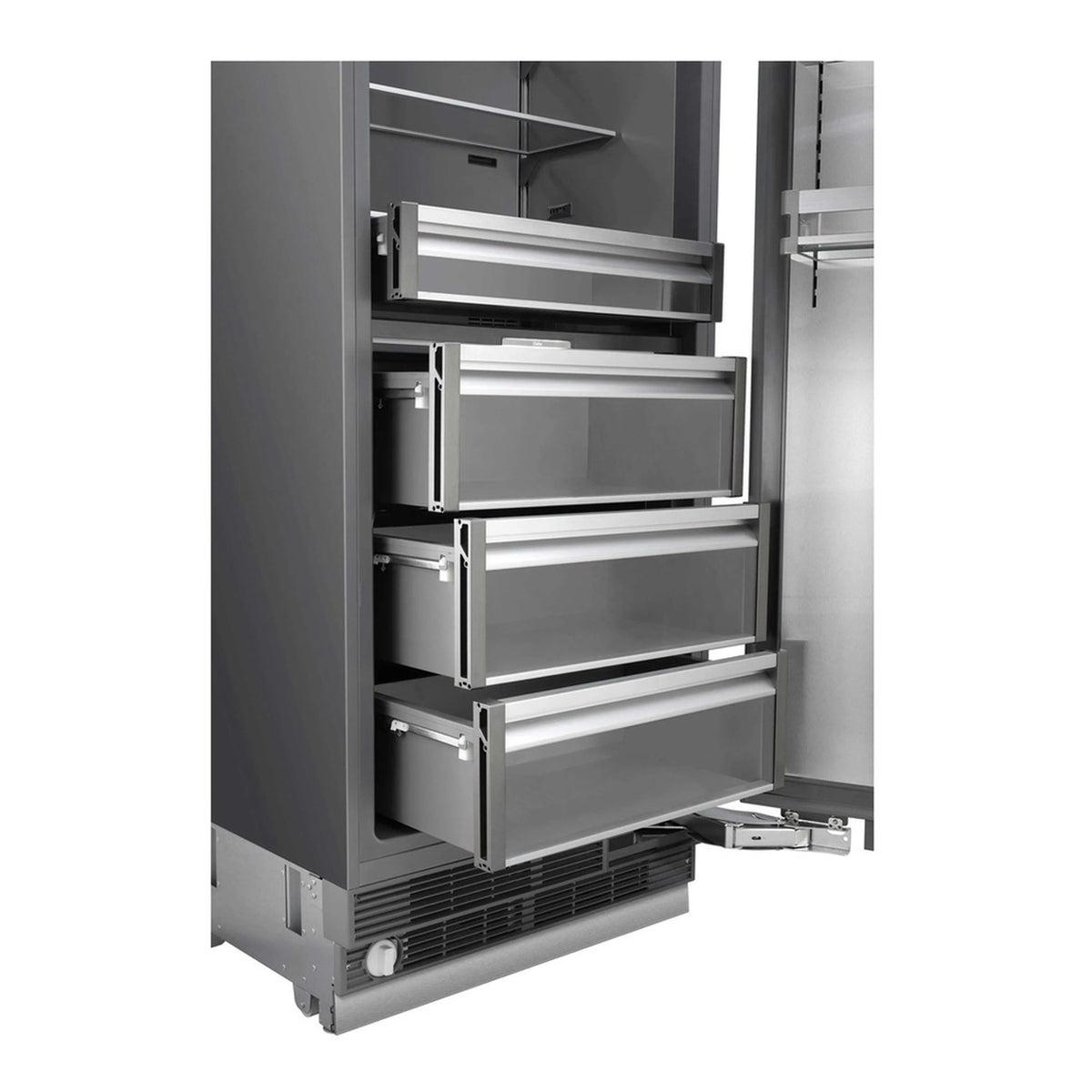 Refrigerator column door open, showing drawers, shelves, and dispenser area