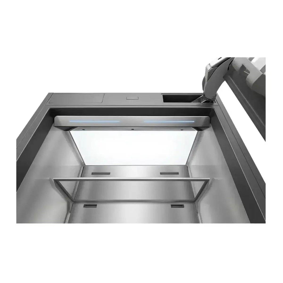 Panel-ready refrigerator interior with top shelves and water dispenser nozzle