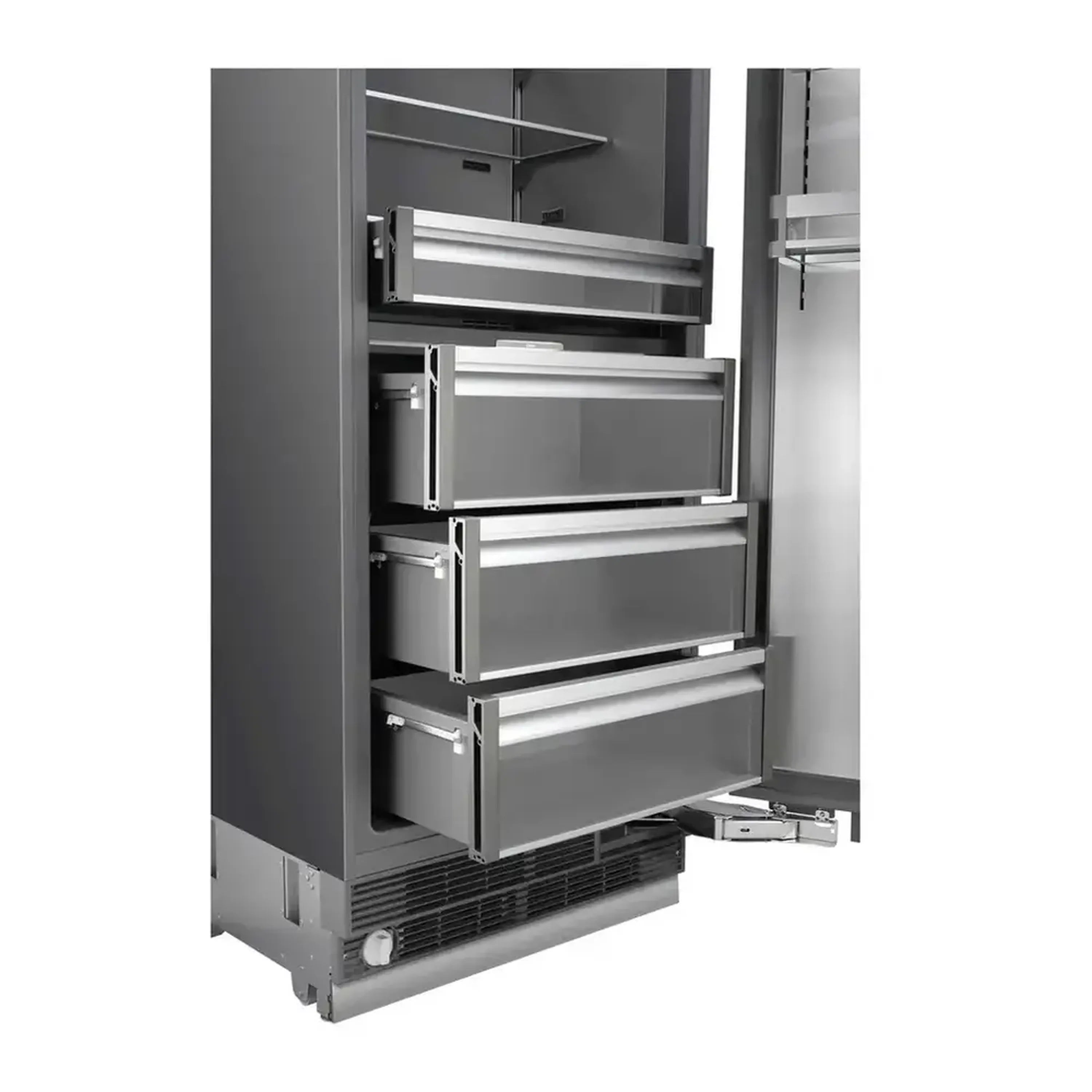 Panel-ready refrigerator open door with adjustable shelves and storage bins