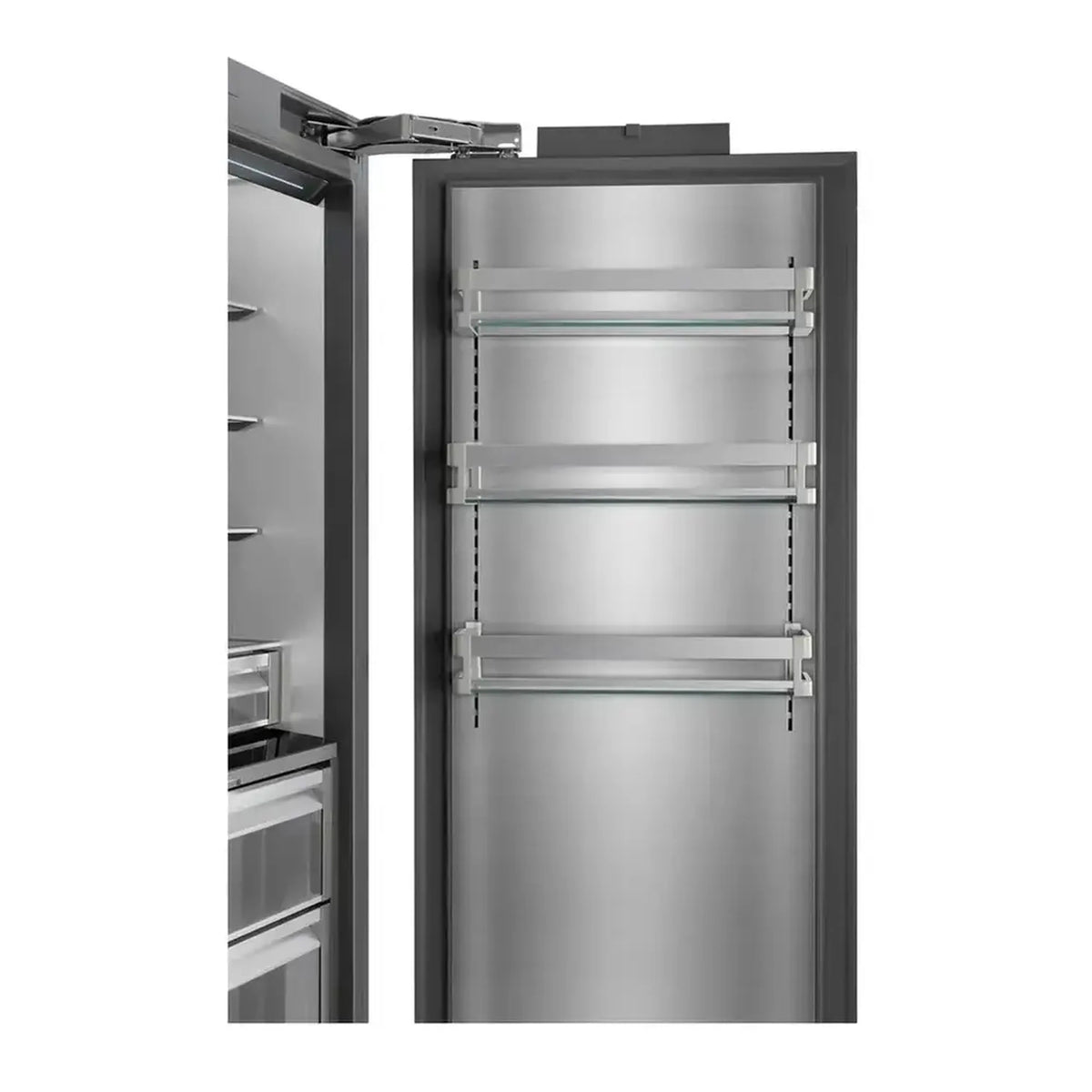 Panel-ready refrigerator interior with adjustable shelves and drawer compartments
