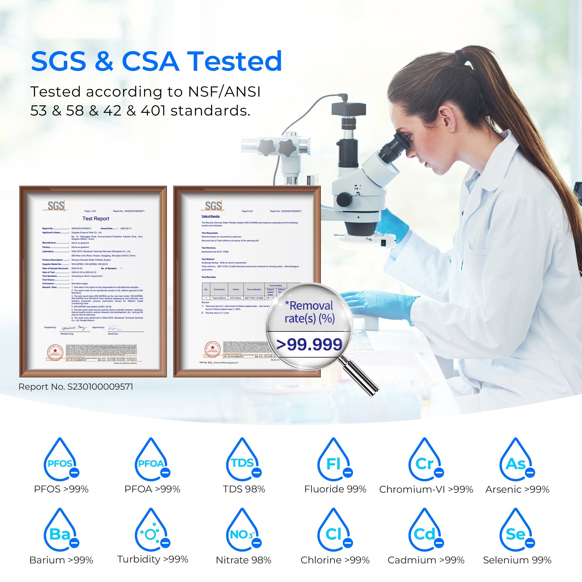 SGS and CSA tested reverse osmosis filter with lab certificates and scientist