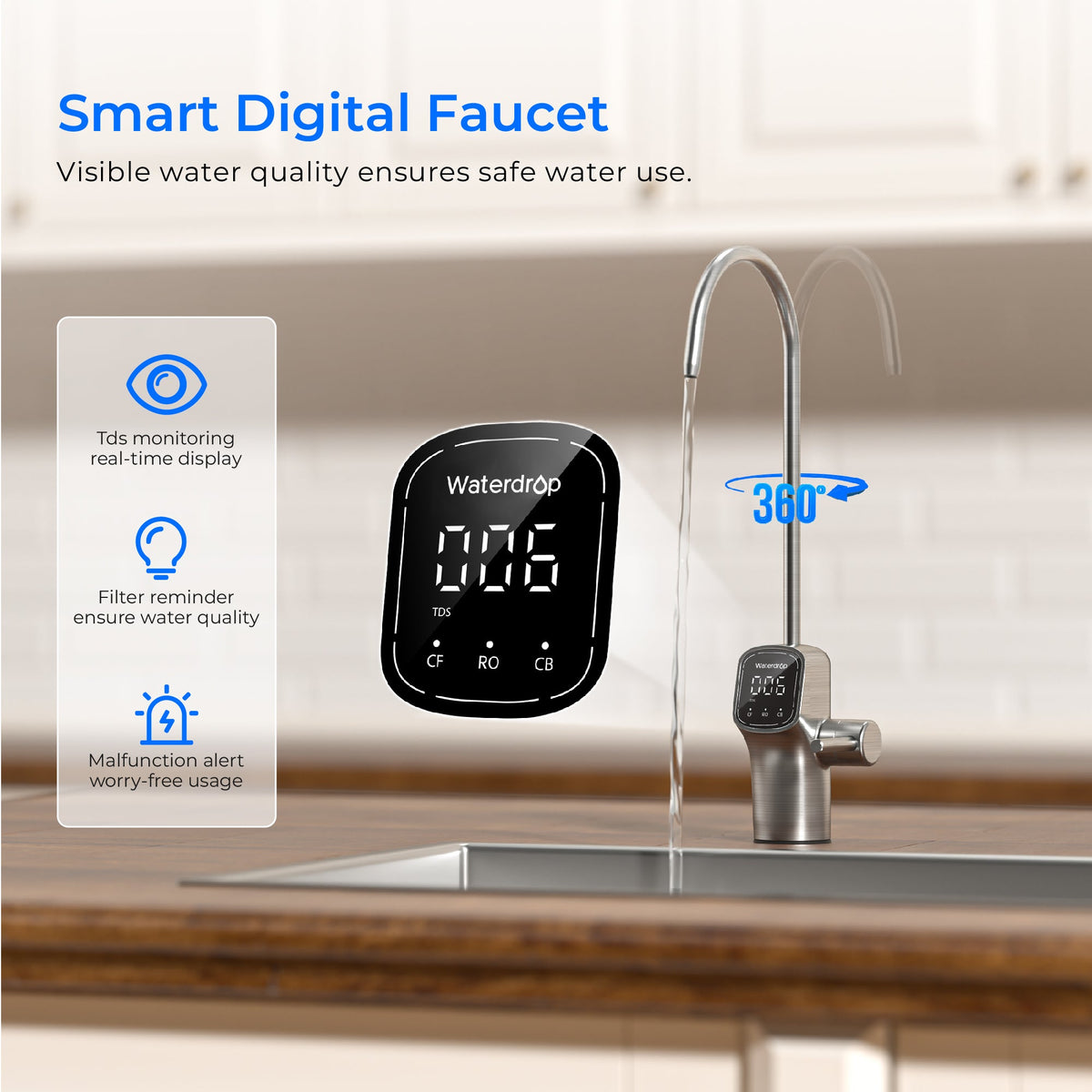 Waterdrop Reverse Osmosis System with UV Sterilizing Light, 800 GPD Fast Flow, NSF/ANSI 42 & 53 & 58 & 372 Certified, 3:1 Pure to Drain, Tankless Under Sink RO Water Filter System, LED Purifier, Smart Faucet (WD-G3P800-W-FC)