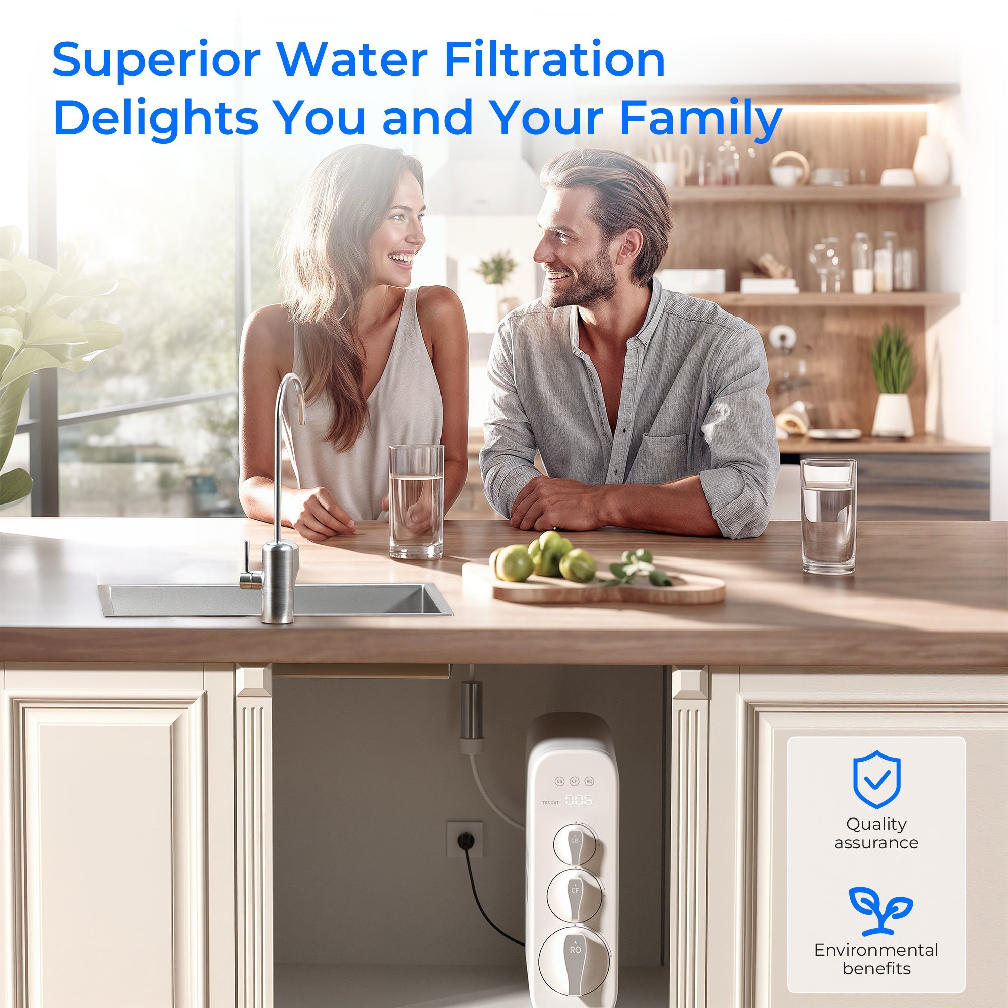 Kitchen sink setup with under-sink RO filtration unit and chrome faucet