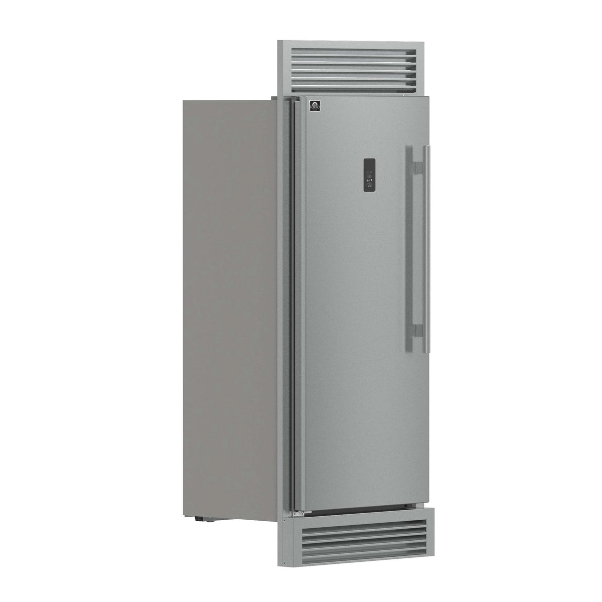Stainless steel left-swing freezer, side view with handle and top trim grille