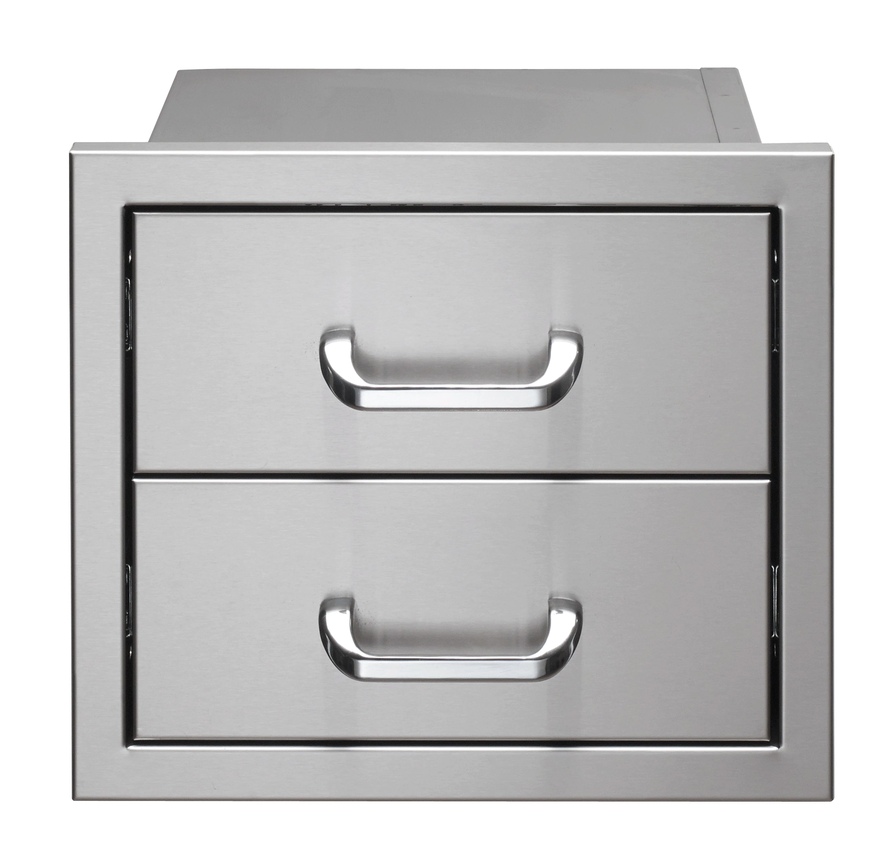 Metal two-drawer system with two rectangular drawers and curved bar handles, front view