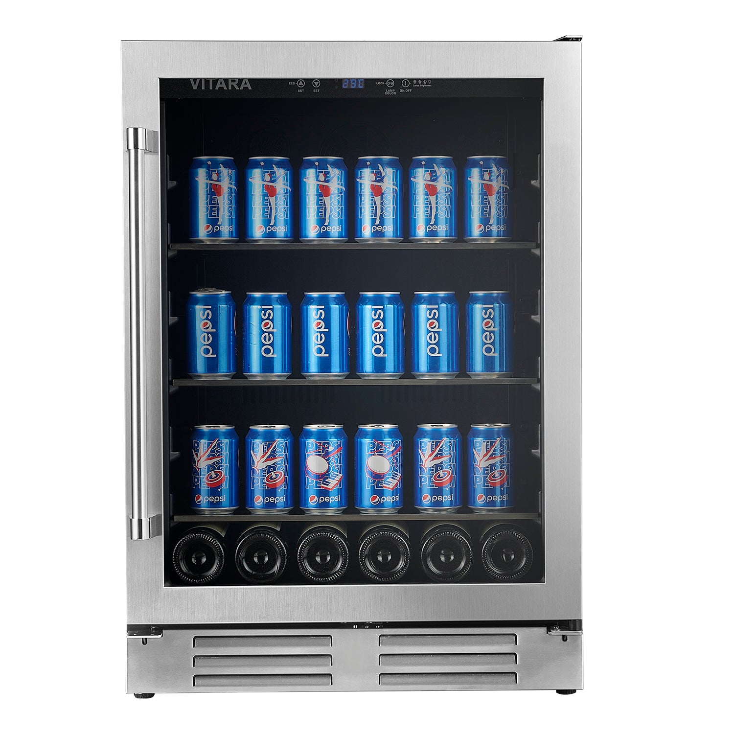 Stainless beverage center interior with multiple shelves holding blue soda cans