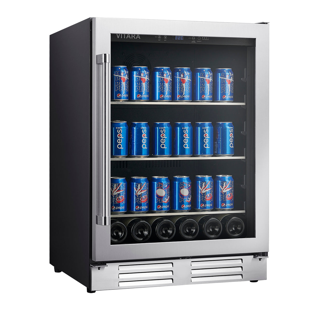 Stainless beverage center with open door, stocked with blue soda cans and base fan vents