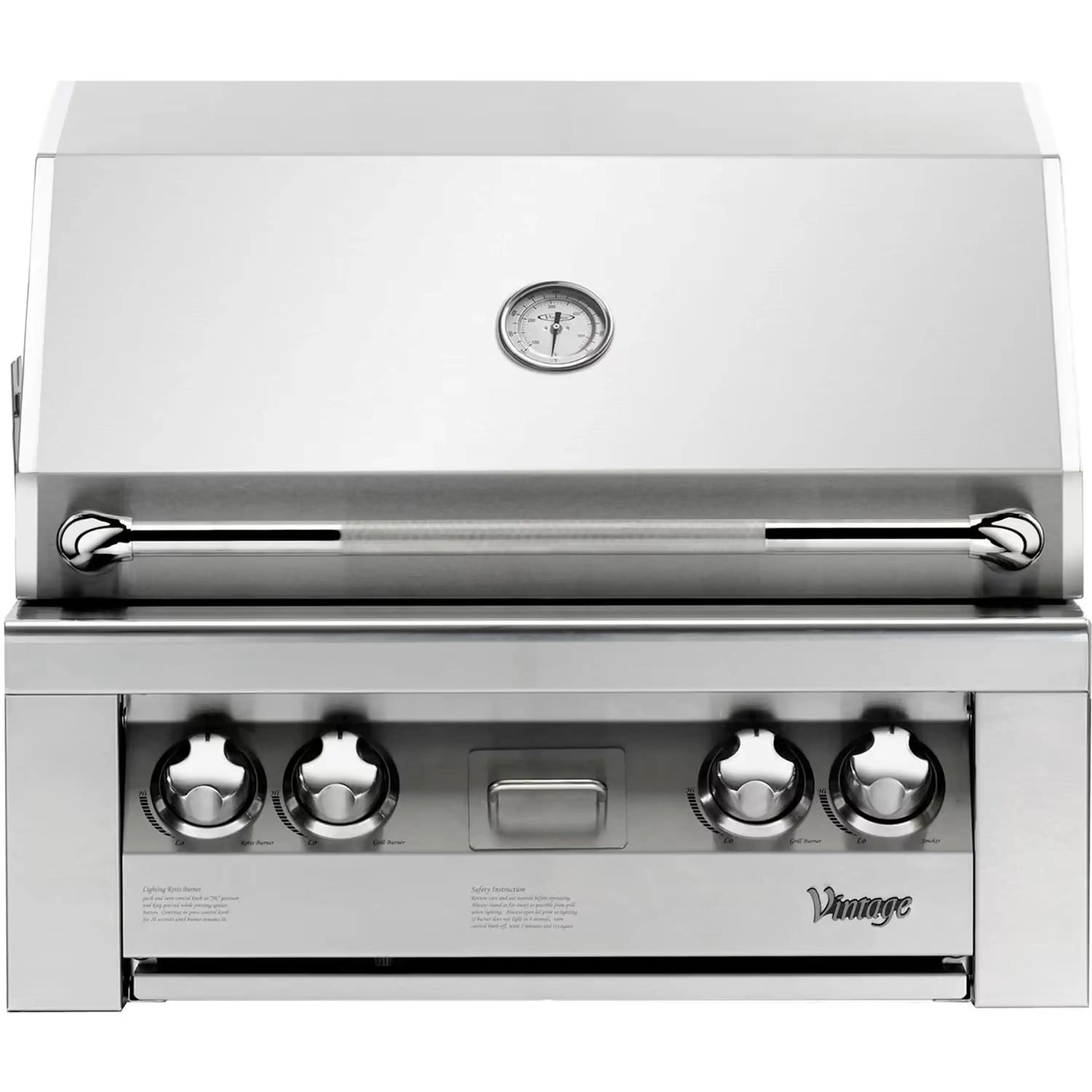 Stainless steel gas grill front with control knobs and Vintage brand panel