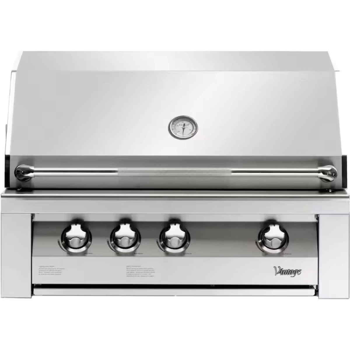 Stainless steel built-in propane gas grill with side control knobs and lid thermometer