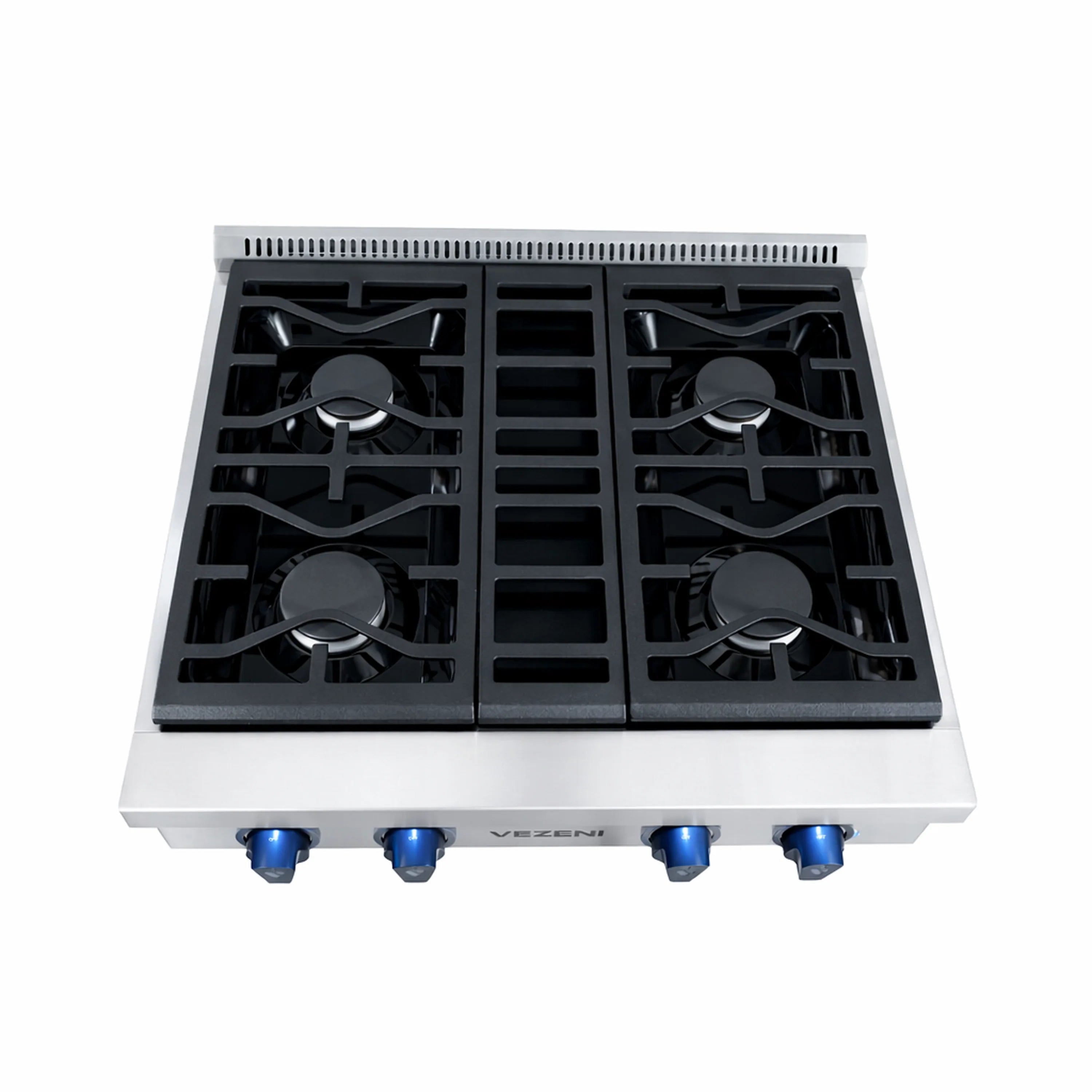 Stainless steel gas rangetop with five black burners and black grate assembly