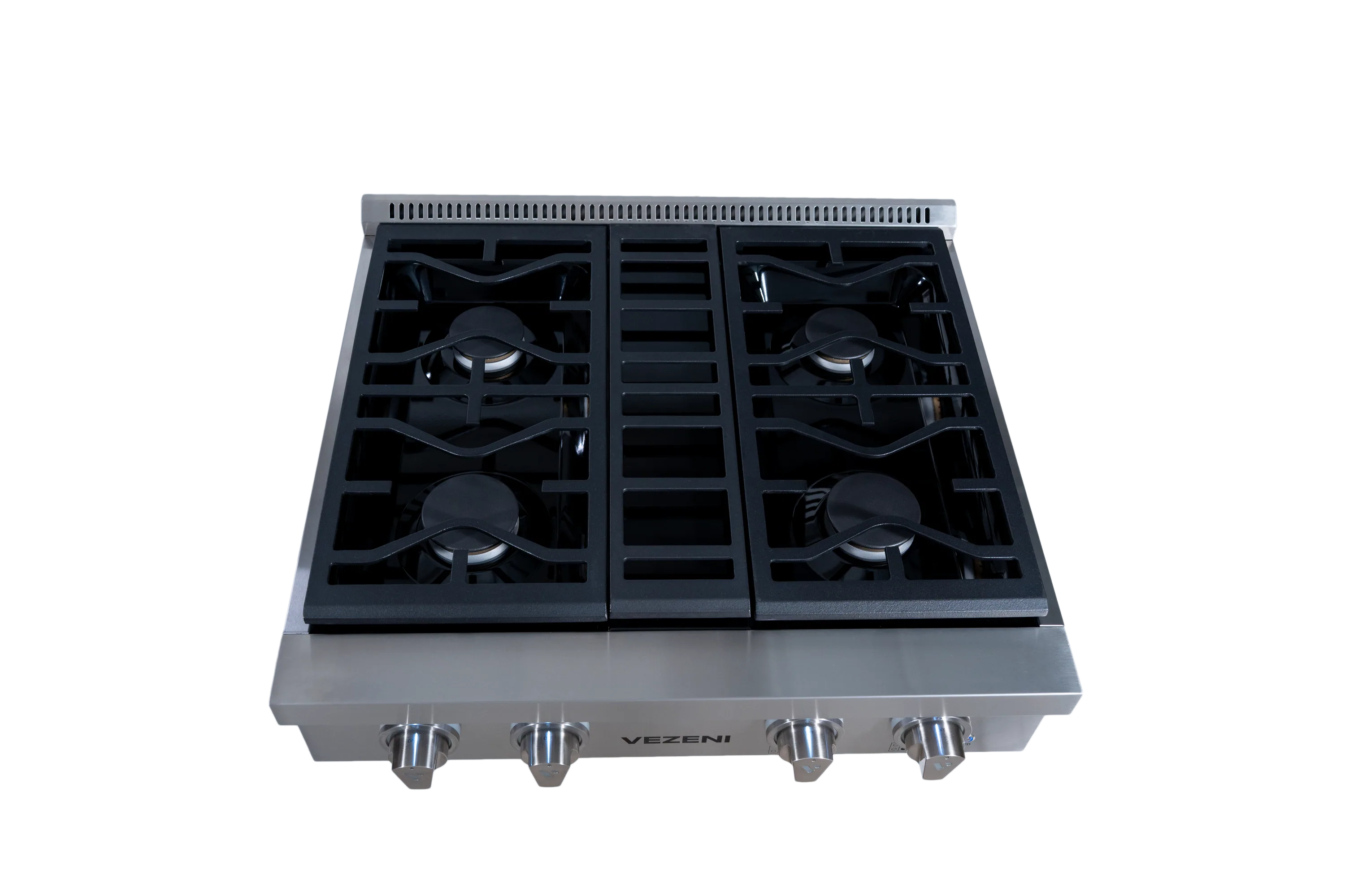 30-inch stainless steel rangetop with black cast grates and burner controls, silver knobs