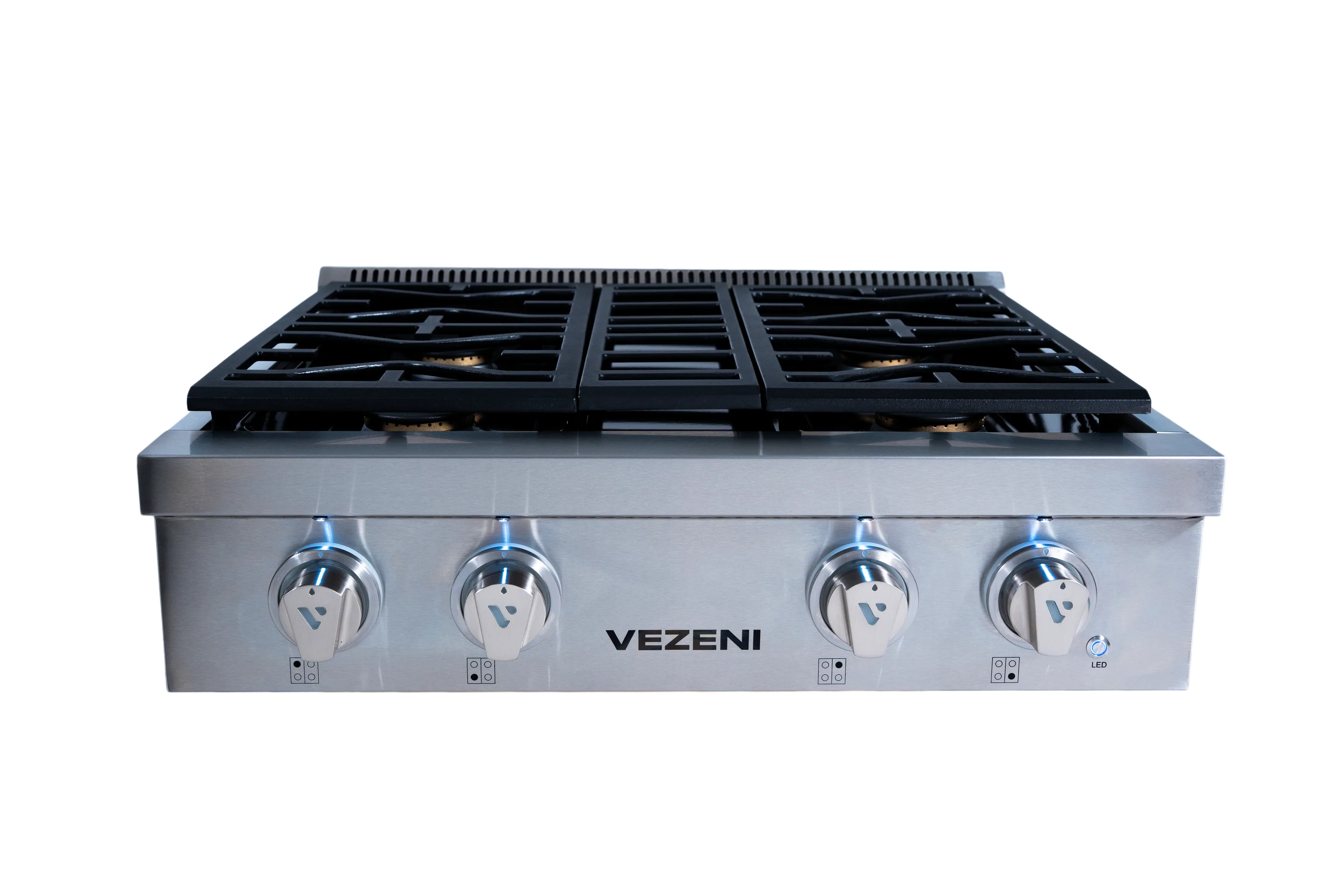 30-inch stainless steel gas rangetop front with four silver knobs and black burner grates