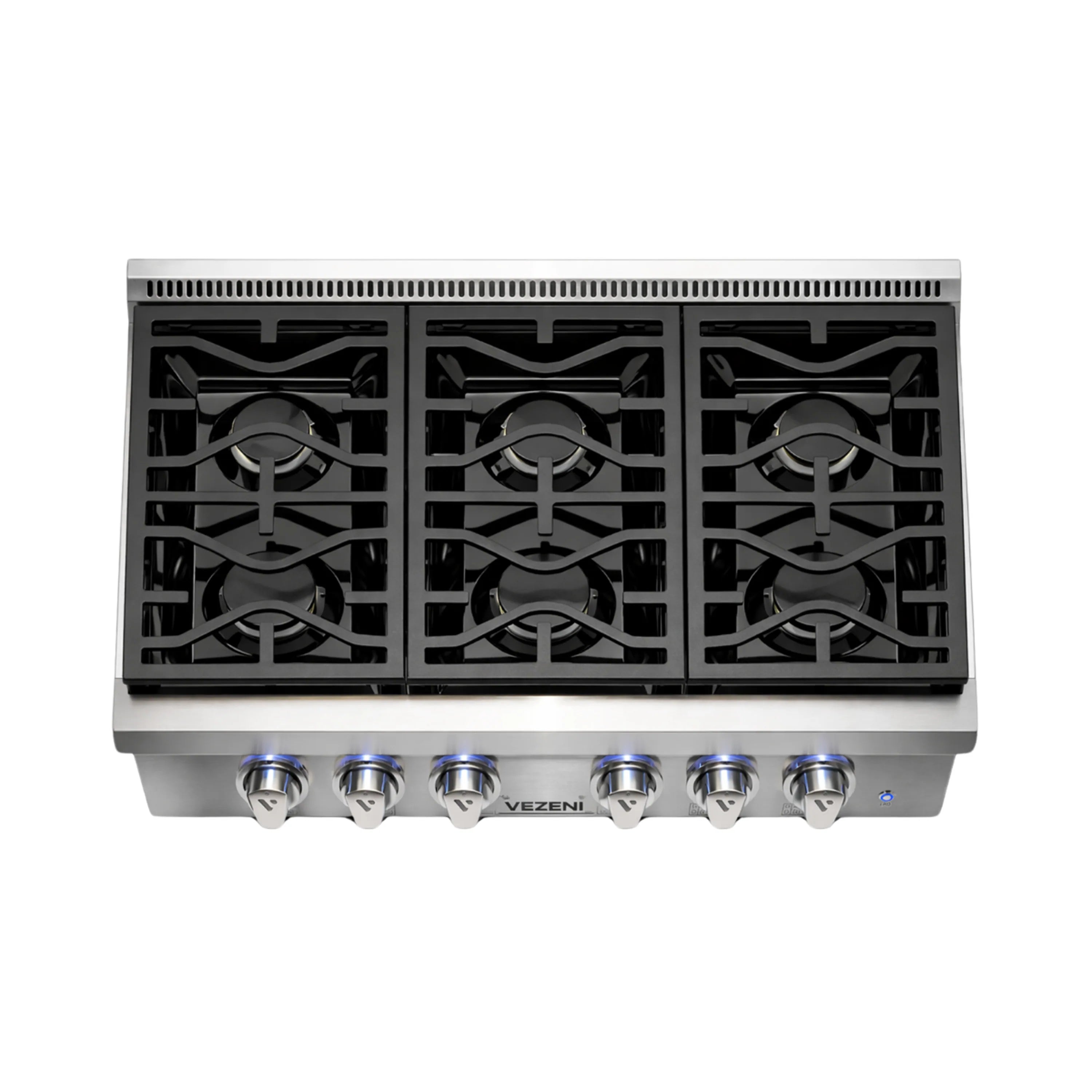 Stainless steel gas rangetop with three burners and six blue control knobs