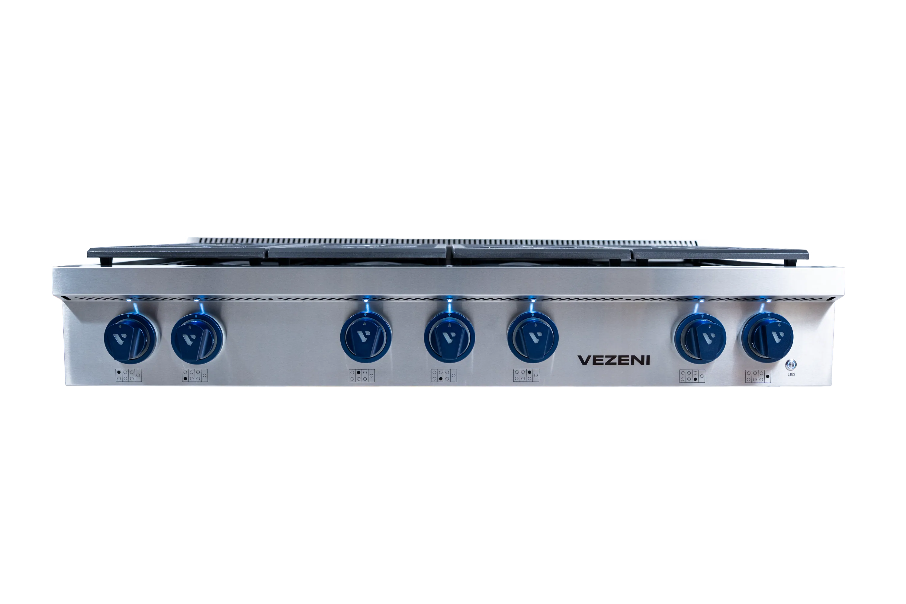 Stainless steel gas rangetop with six blue control knobs and black grate top