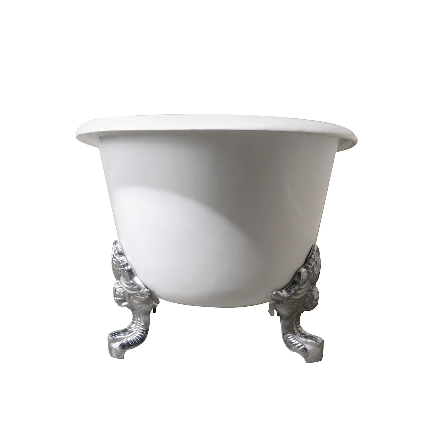 White oval double-slipper clawfoot bathtub with polished chrome feet