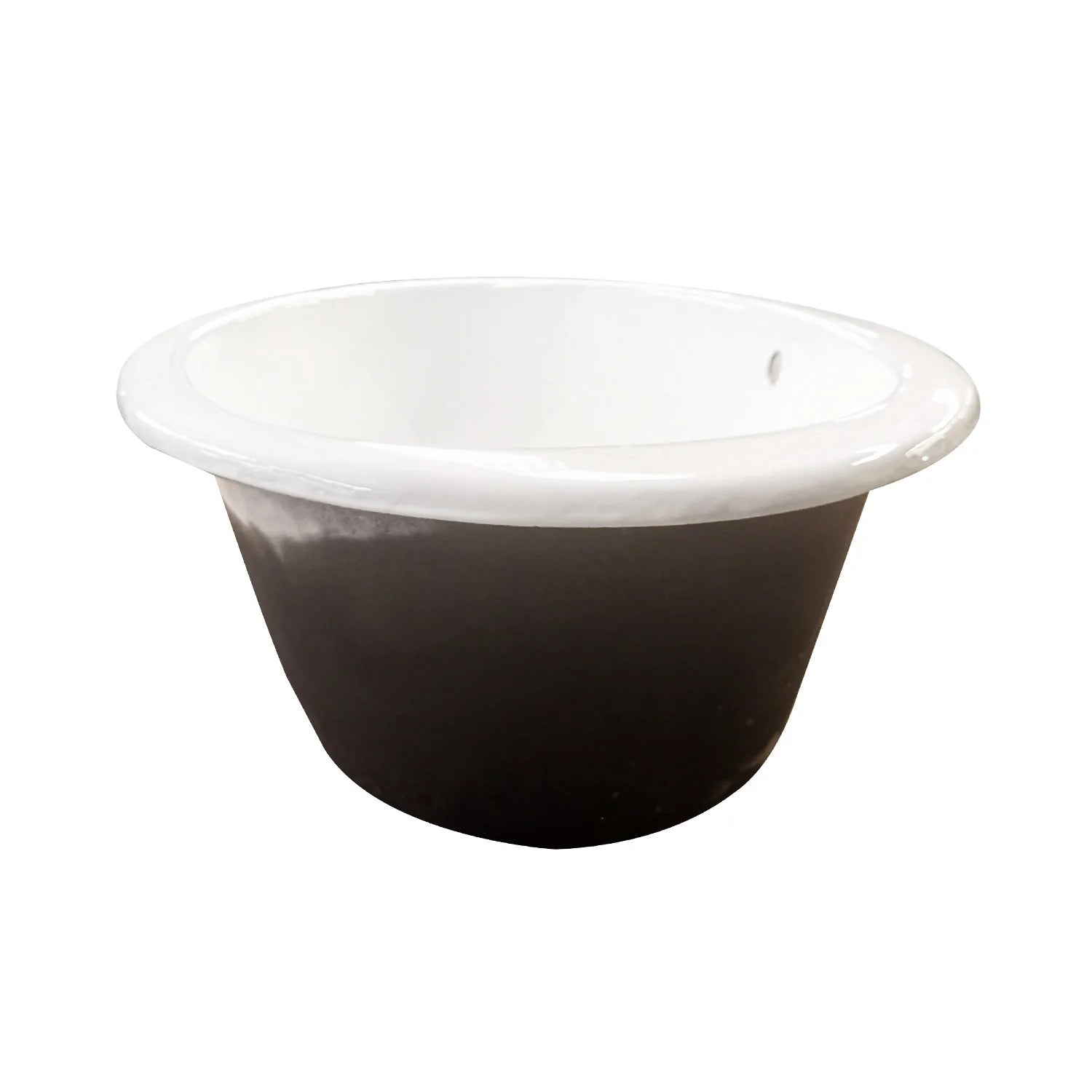 Oval cast iron drop-in tub with glossy white interior and dark exterior side walls