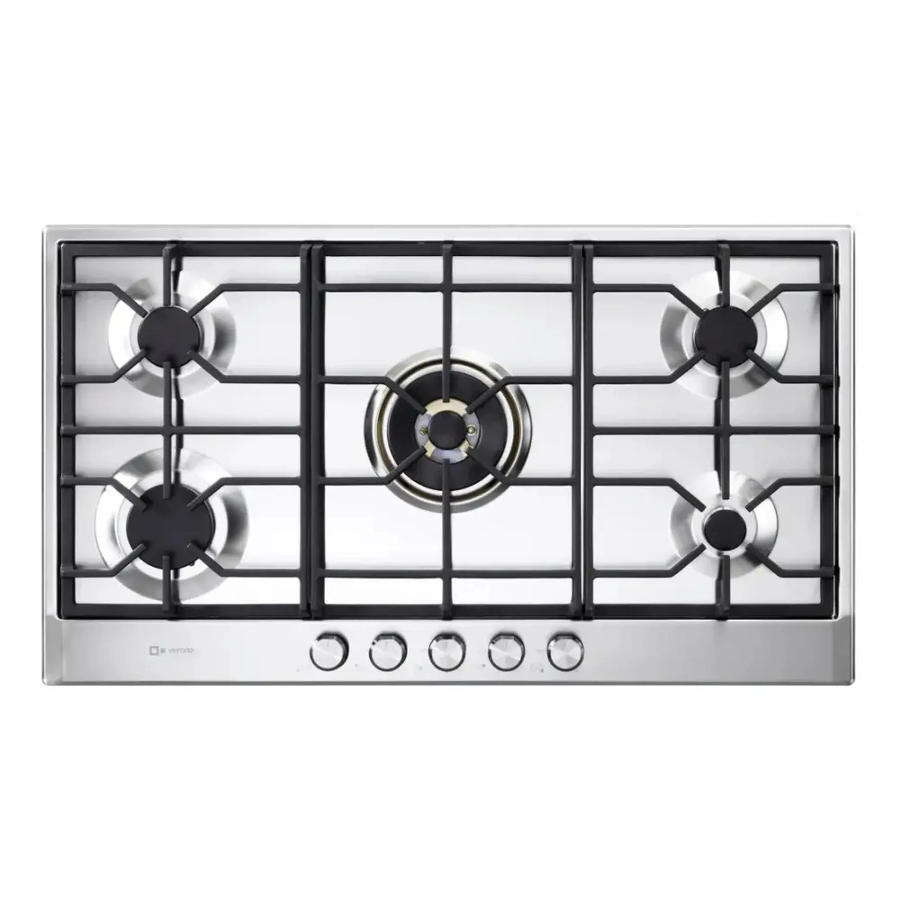 Stainless steel gas cooktop front panel with 5 burners, black grates, and control knobs