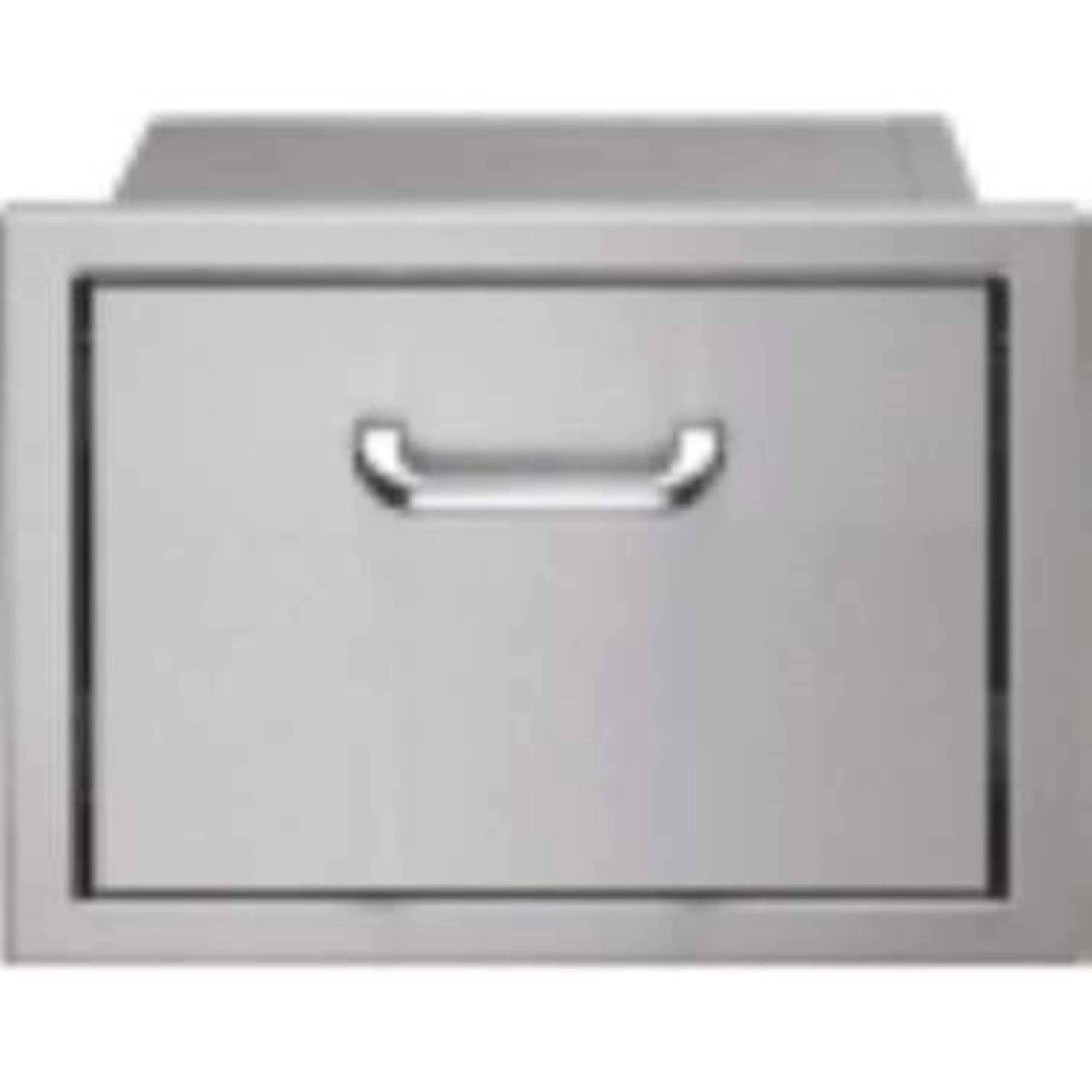 Gray metal accessory drawer with curved pull, single drawer front