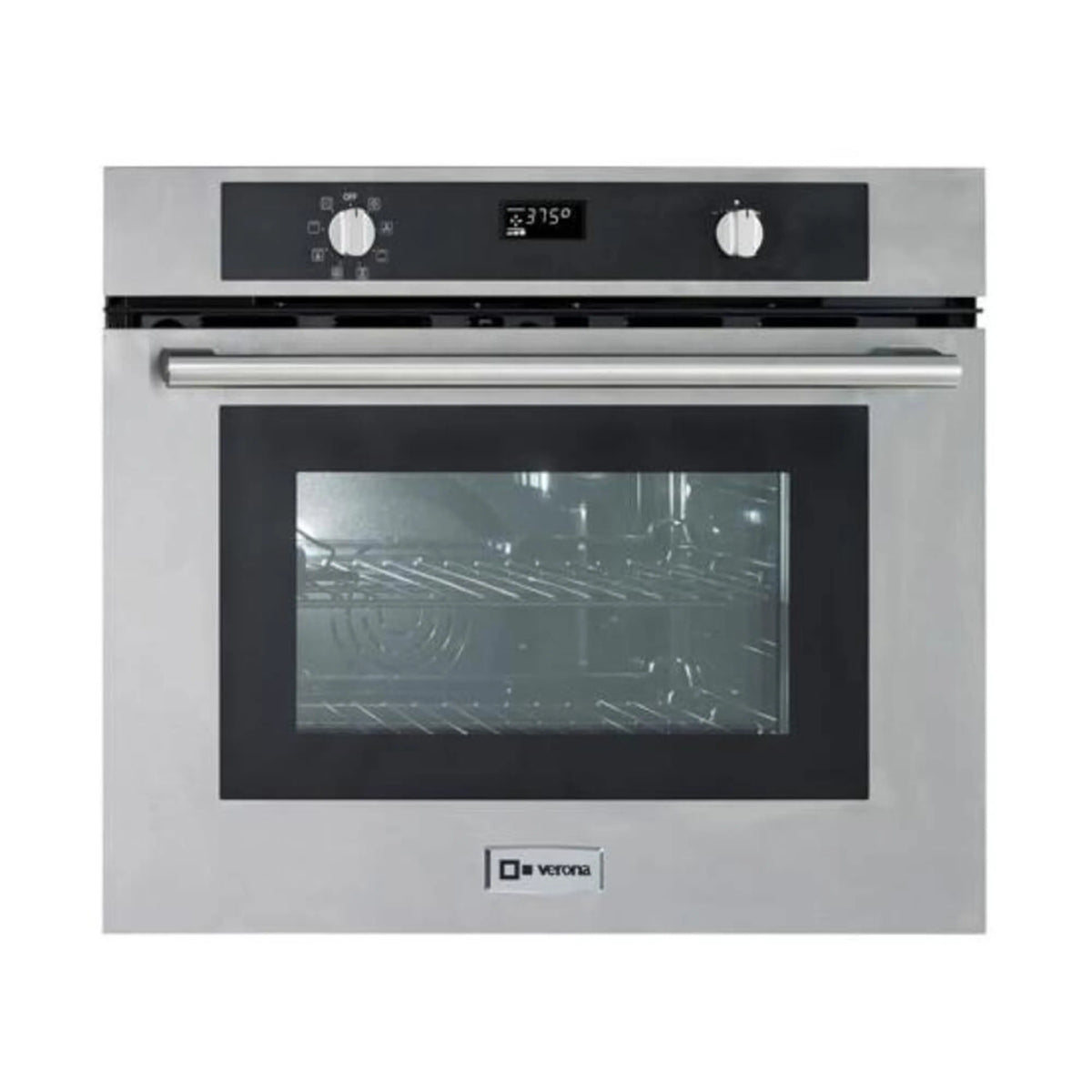 Stainless steel built-in single wall oven with control knobs, display, and glass door
