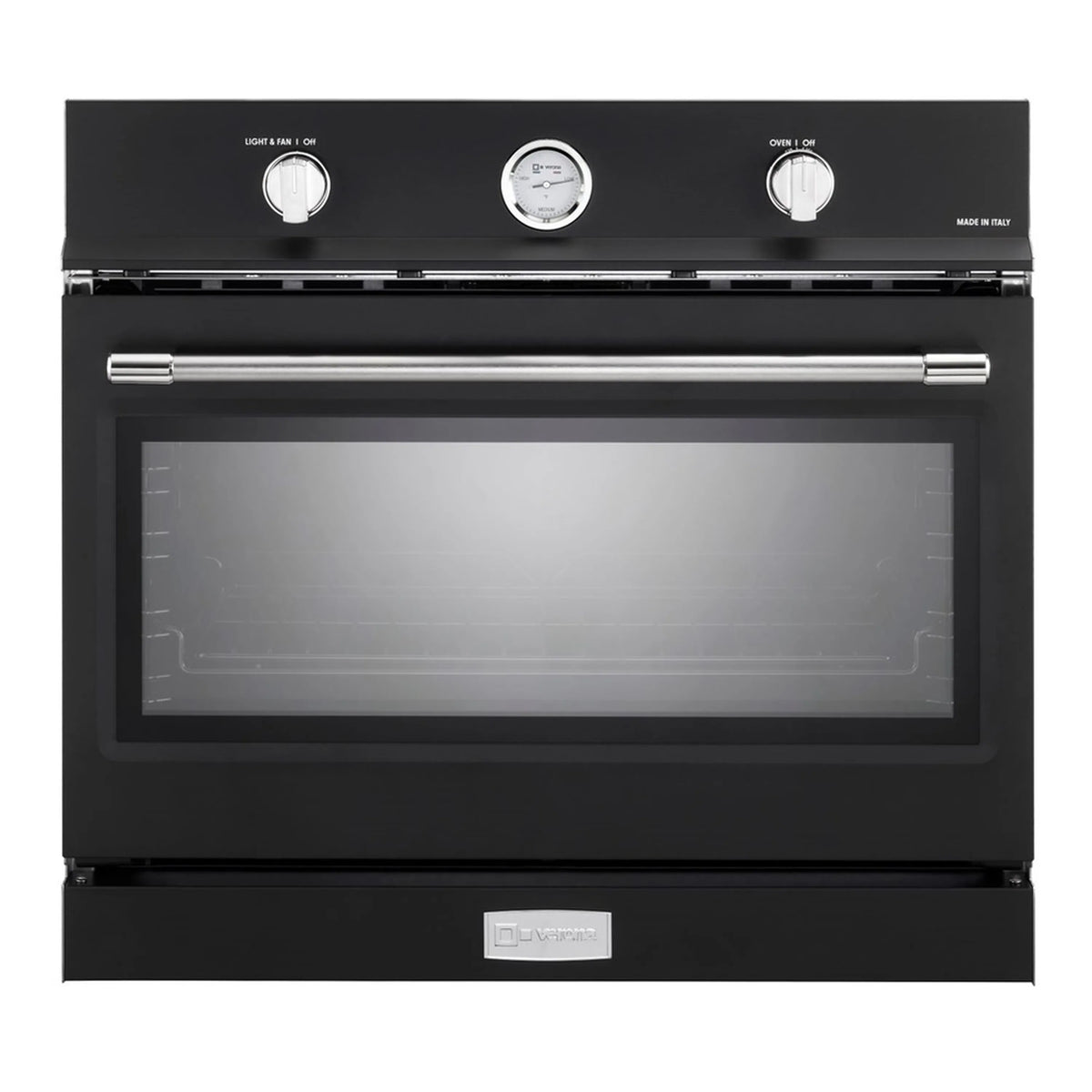 Matte black gas built-in single wall oven, front view with knobs and viewing window