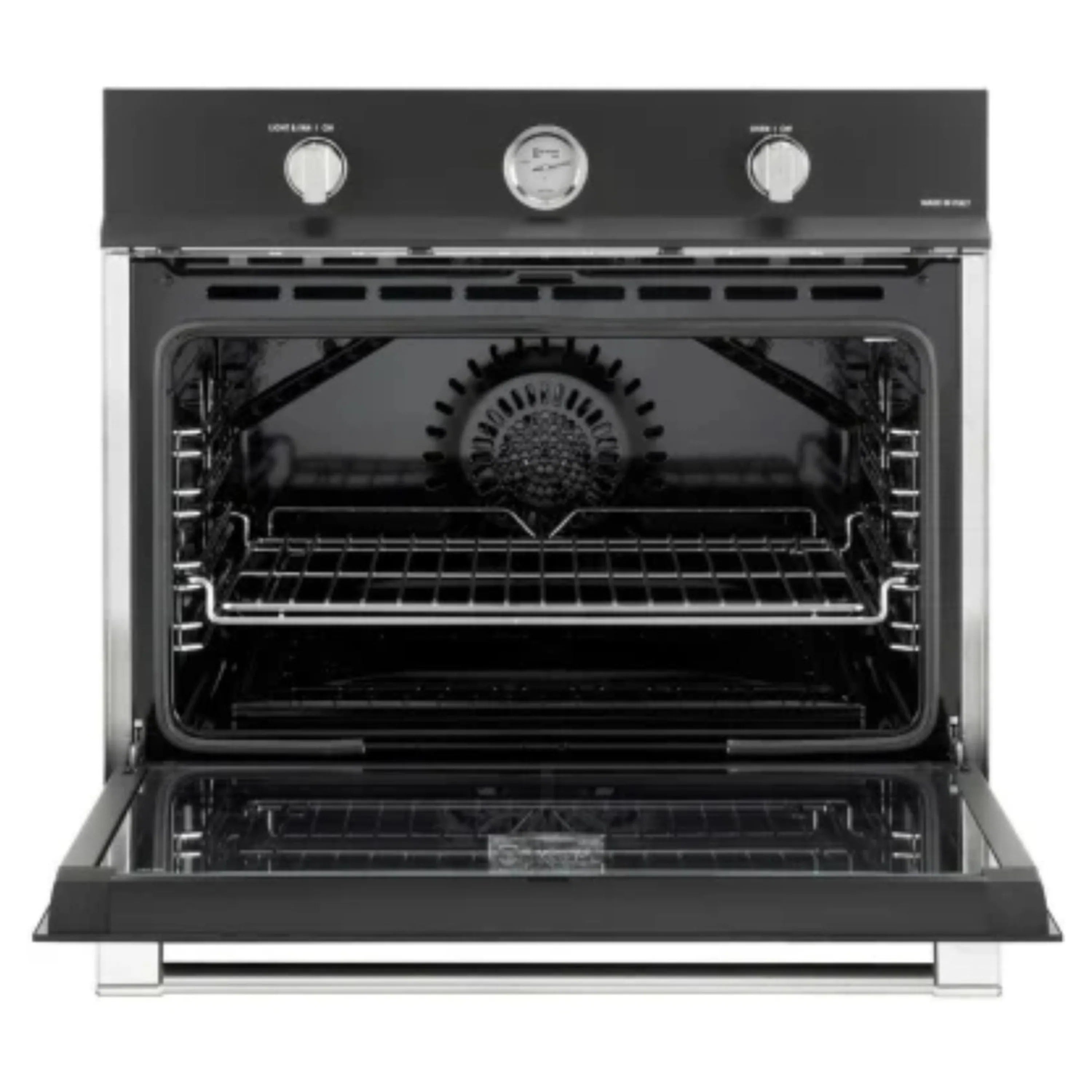 Matte black gas built-in single wall oven with open door, racks and oven floor visible