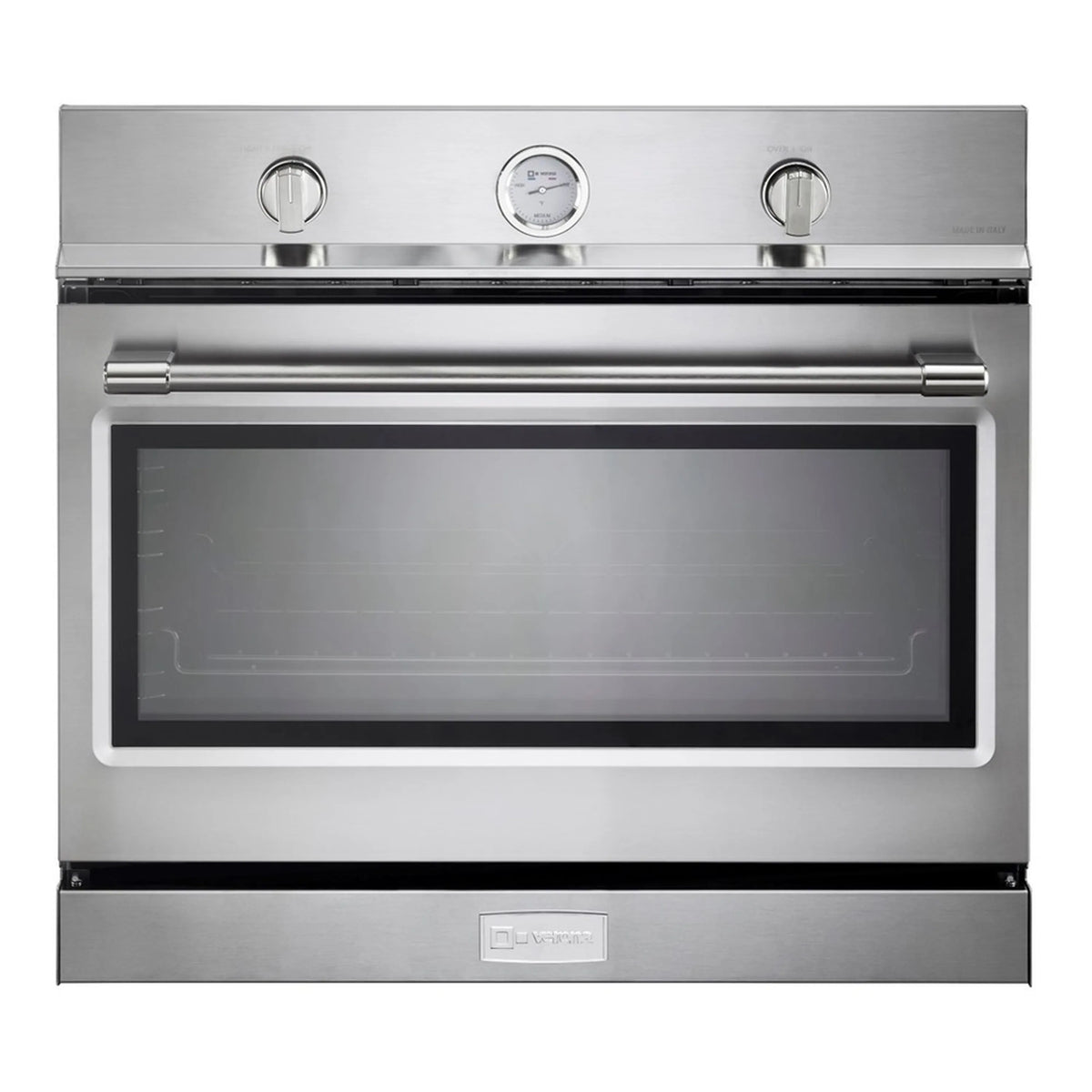 Stainless steel built-in single wall gas oven with door closed and control knobs